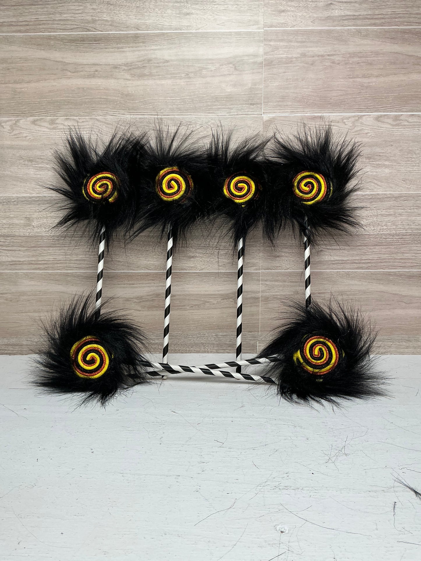 Furry Mini Lollipops- Yellow, Orange, White with Black Fur (Set of 6) Candy Corn