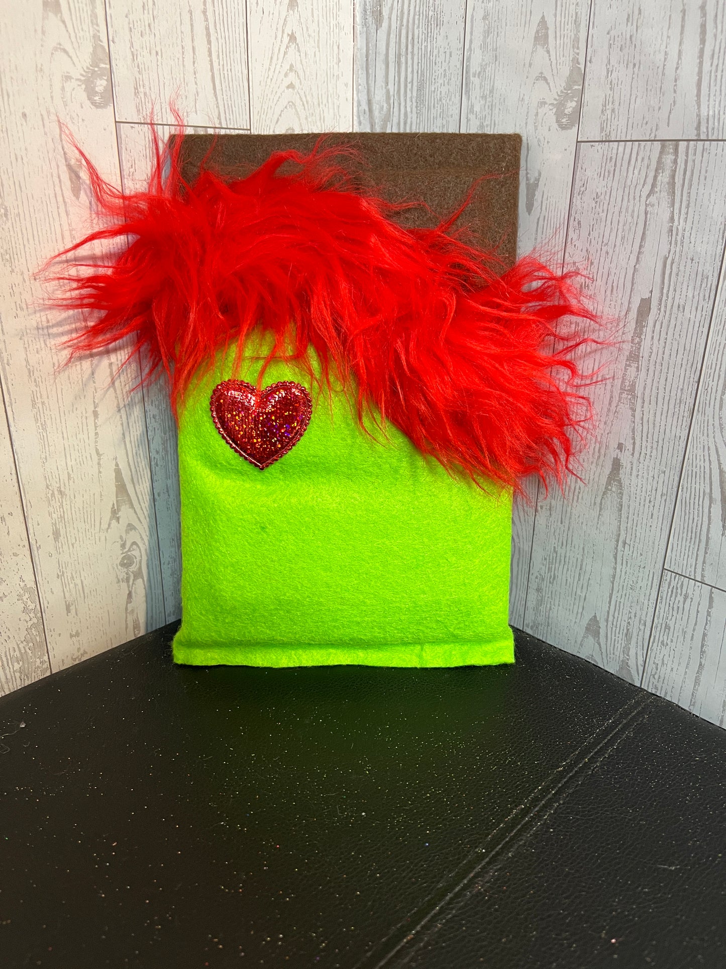 Faux Chocolate Candy Bar - Lime w/red fur trim & red heart