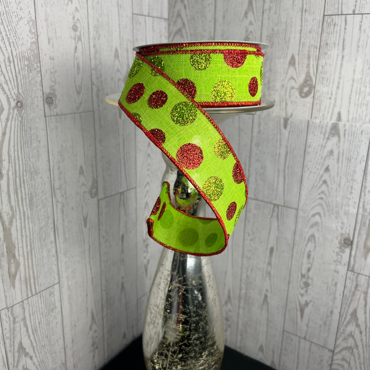 1.5"X10YD MULTI SIZE GLITTER DOTS/ROYAL Lime Red Green