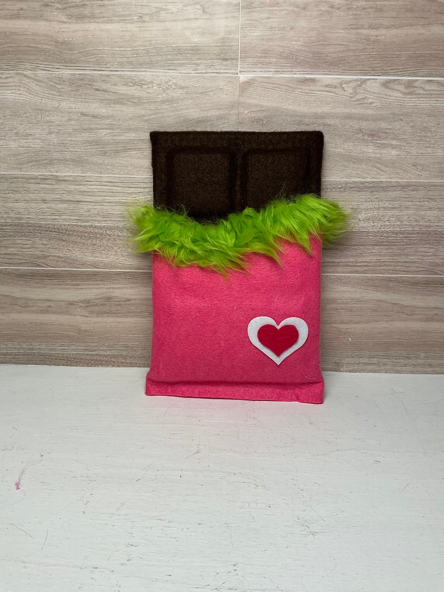 Faux Chocolate Candy Bar - Pink with Green Fur (white& red heart)