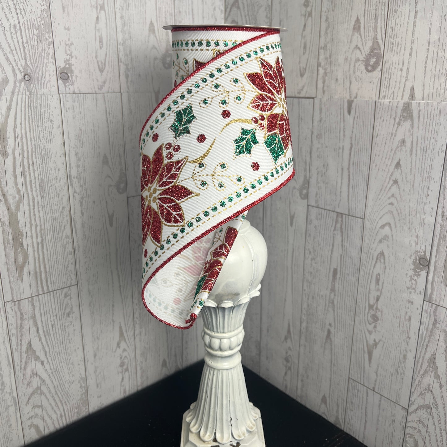 4"X10YD DELUXE POINSETTIA White Red Emerald Gold
