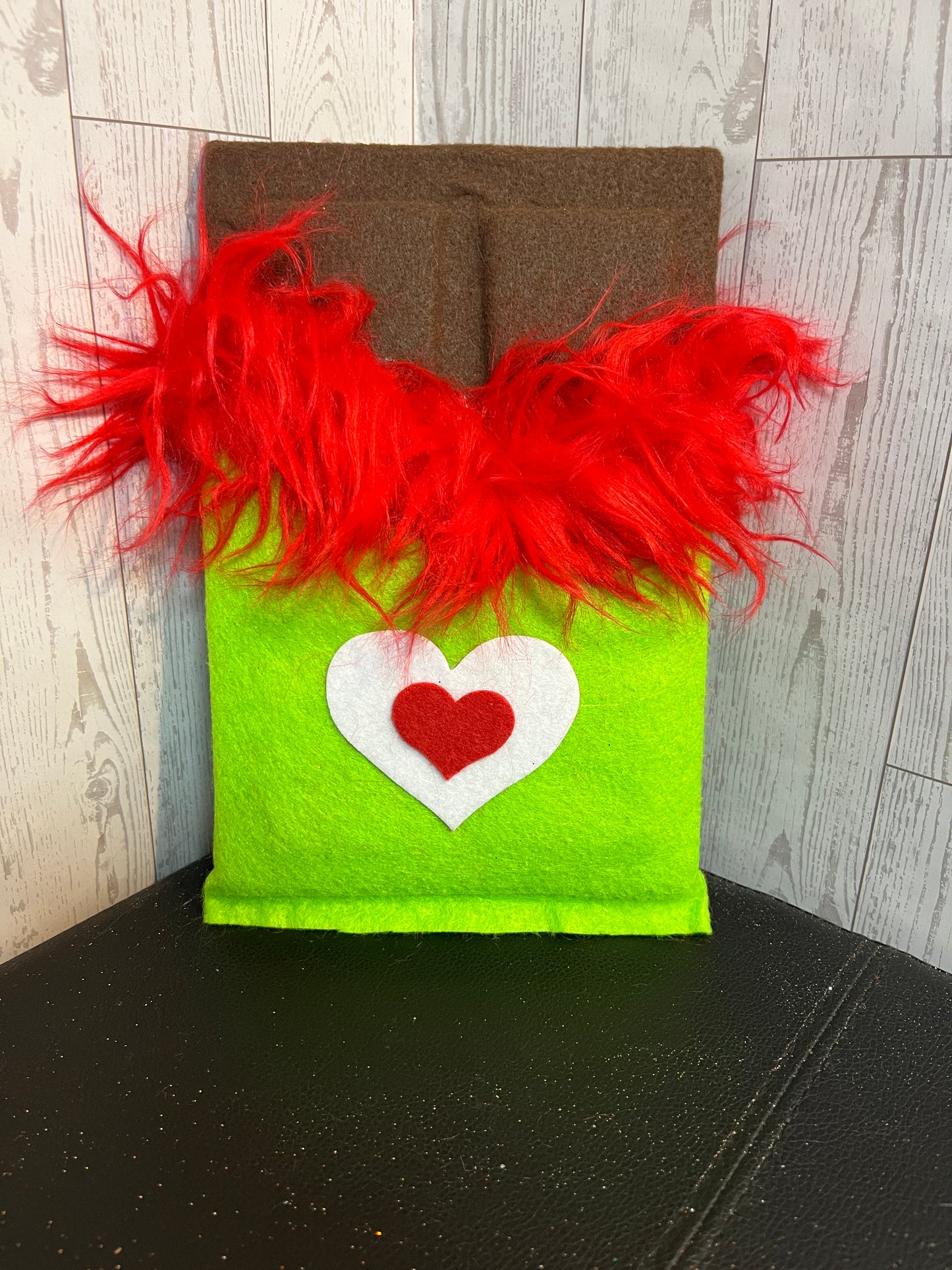 Faux Chocolate Candy Bar - Lime w/red fur trim & white red heart