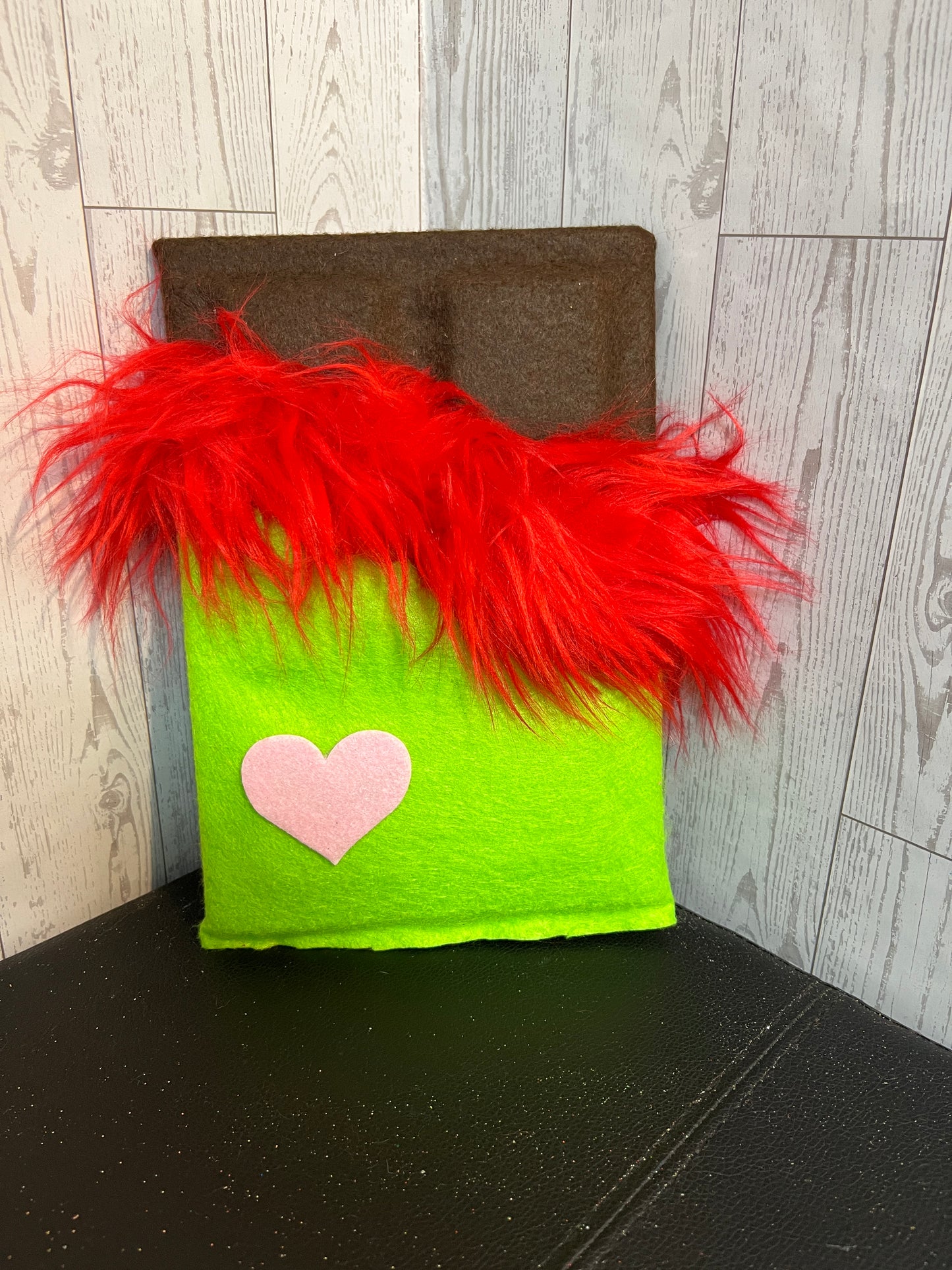 Faux Chocolate Candy Bar - Lime w/red fur trim & light pink heart