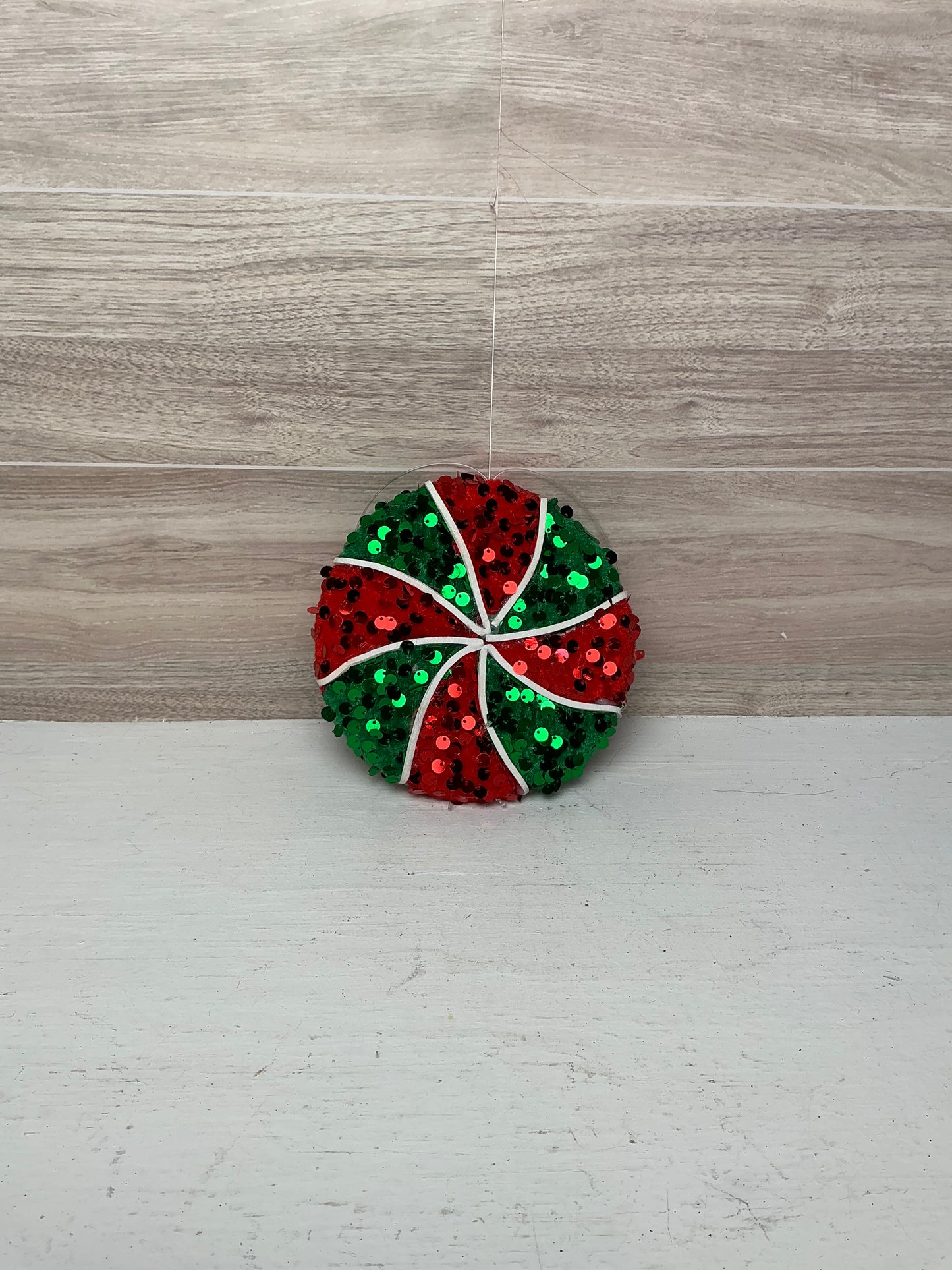 4.75" Sequin Peppermint Ornament Red, Emerald Green & White