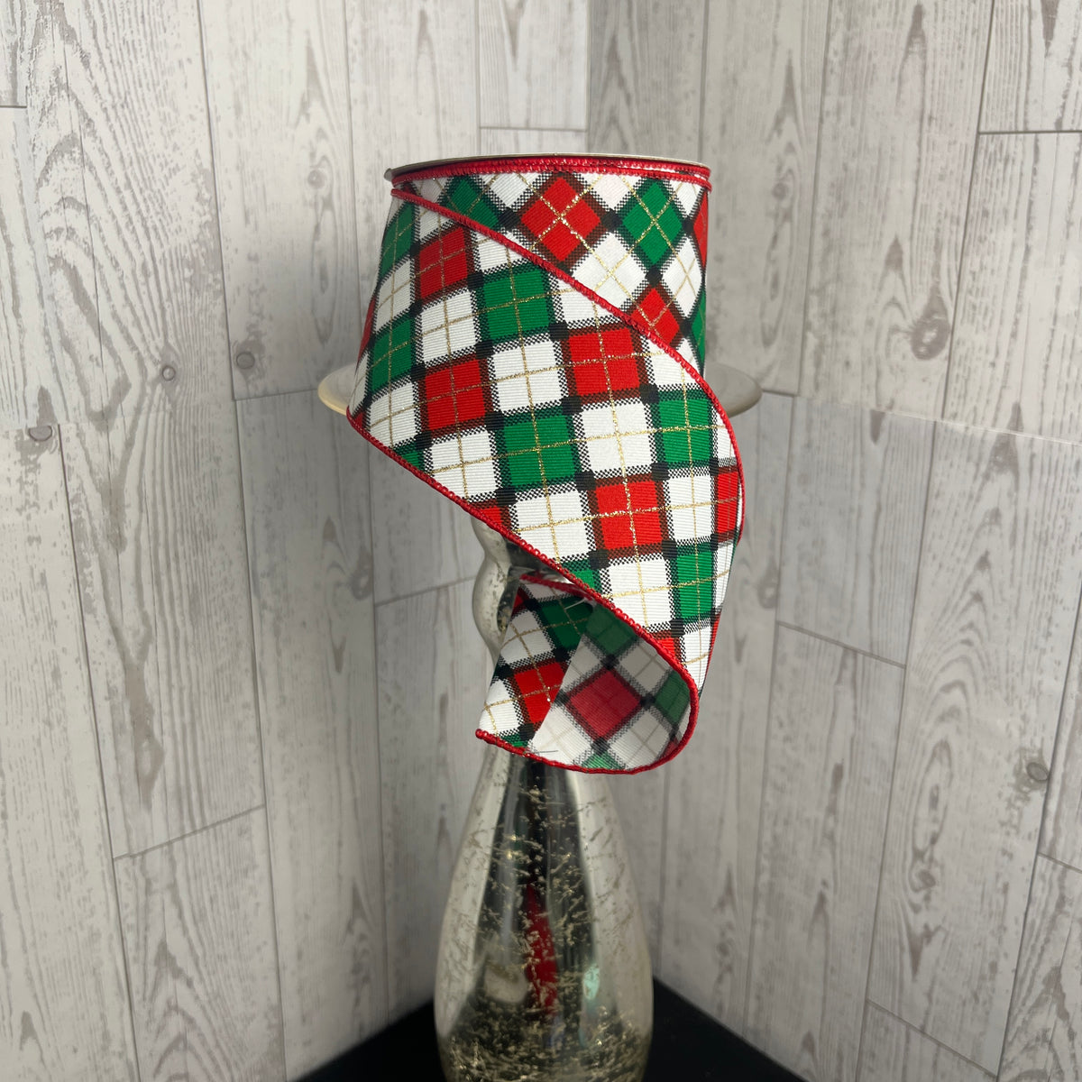 2.5"X10YD PRINTED/GLITTER CHECK/DIAGONAL White Red Emerald Black Gold
