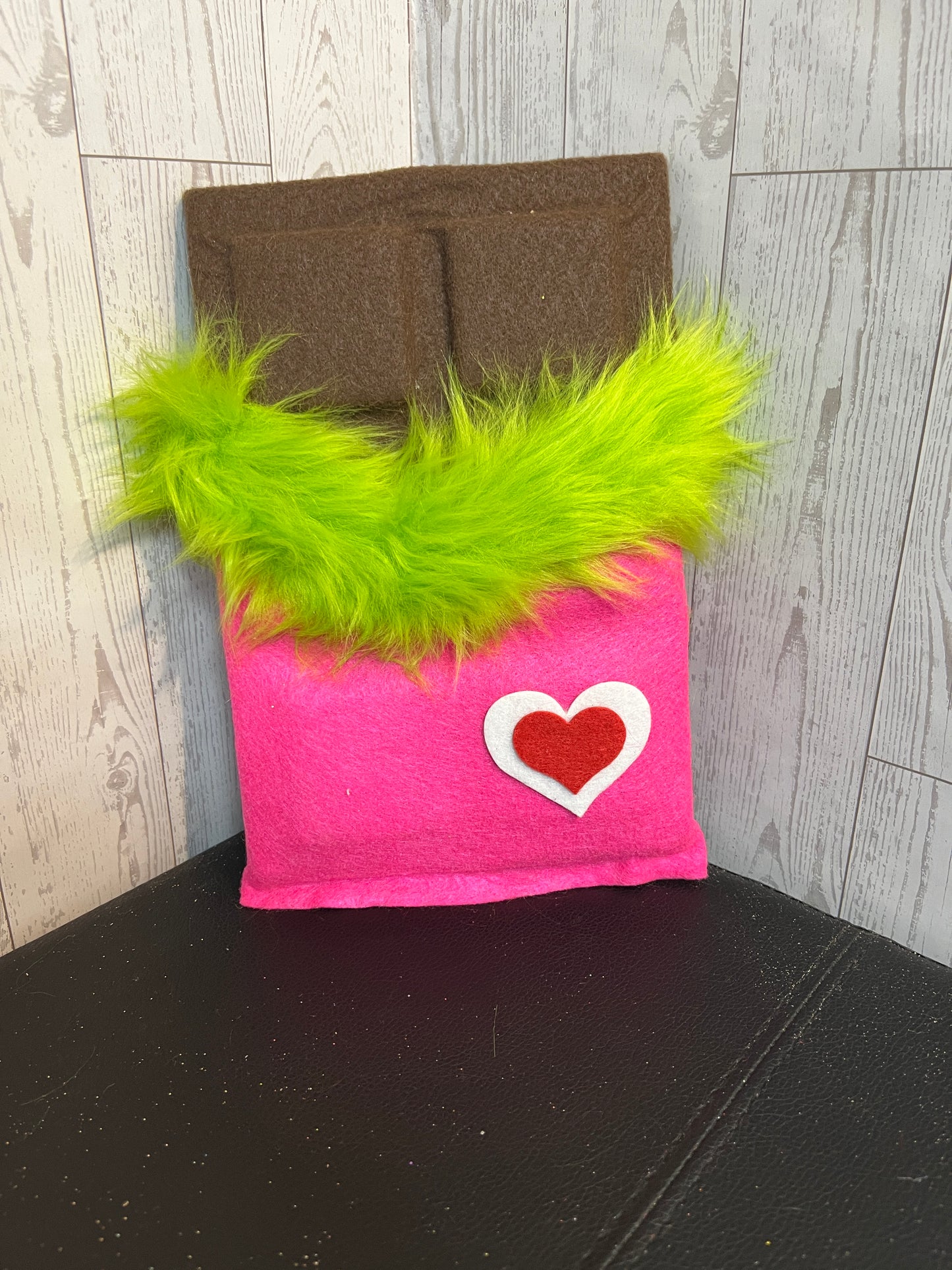 Faux Chocolate Candy Bar - Hot Pink w/lime green fur trim & white red heart