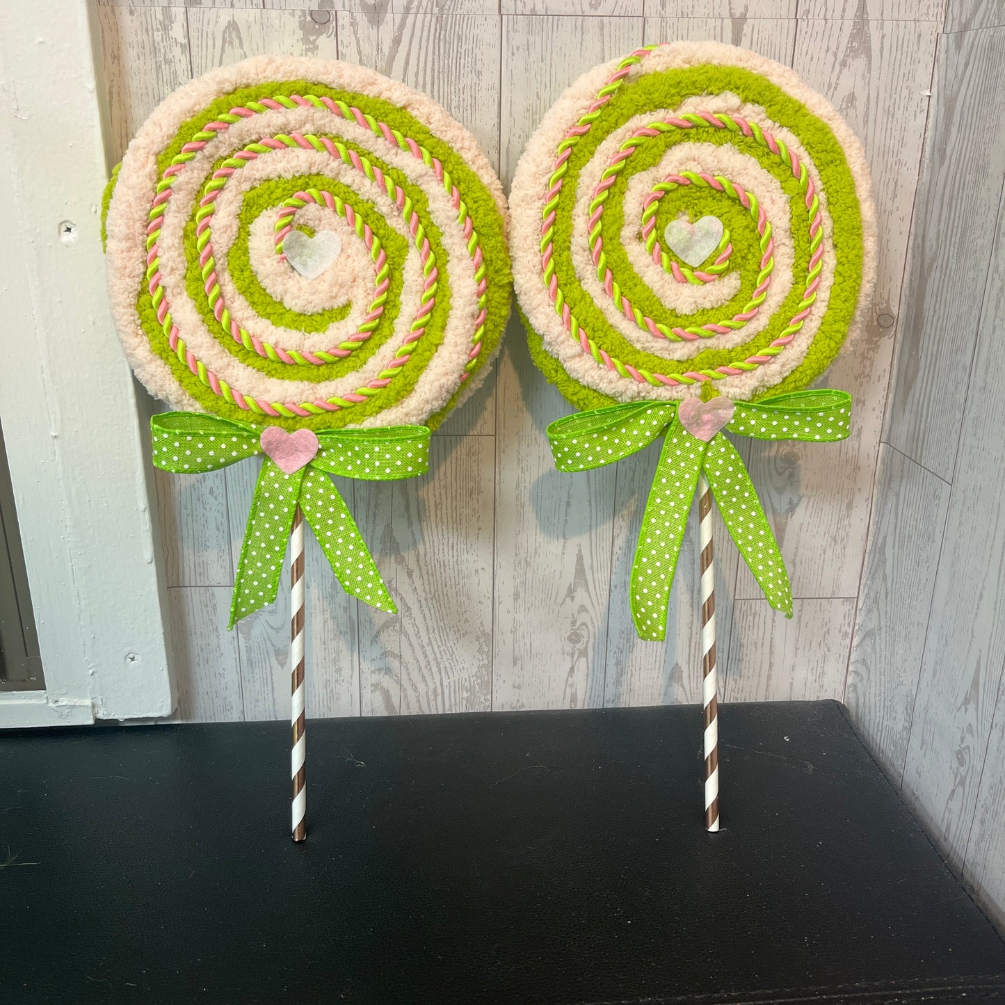 2 Light Pink & White with lime green Yarn lollipops set (sold as 2)