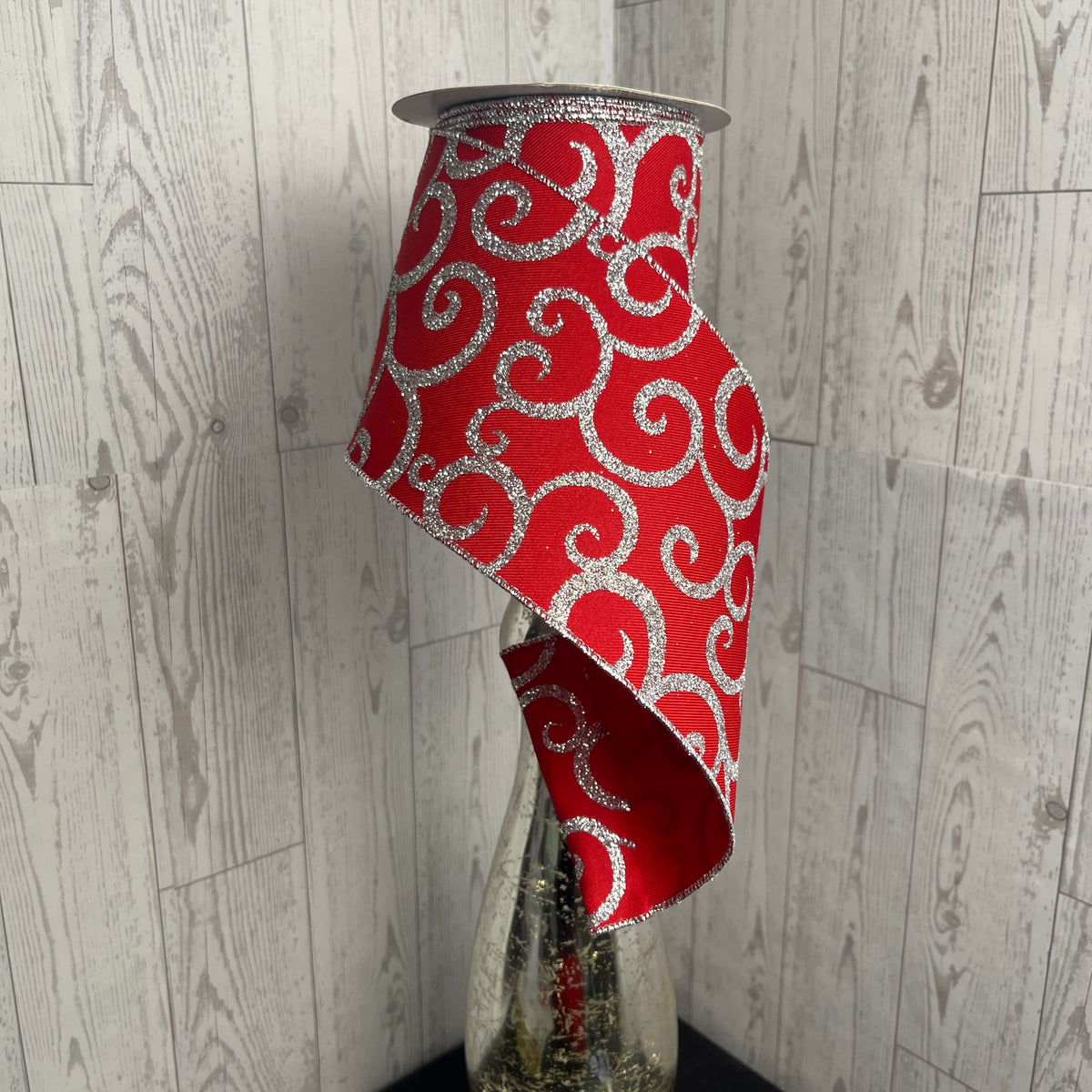 4"X10YD GLITTER SWIRL Red Silver