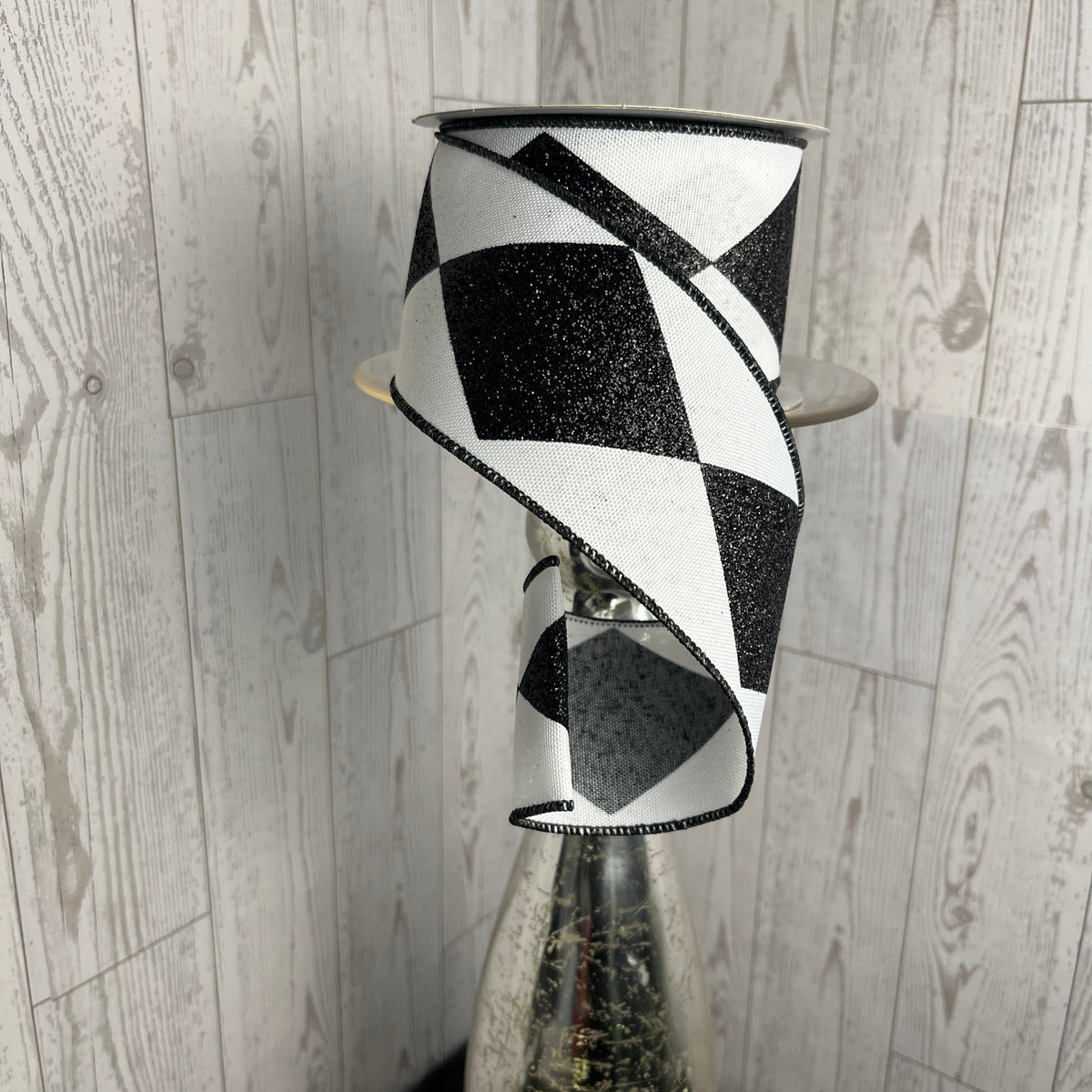 2.5"X10YD BOLD HARLEQUIN/FAUX ROYAL Black White