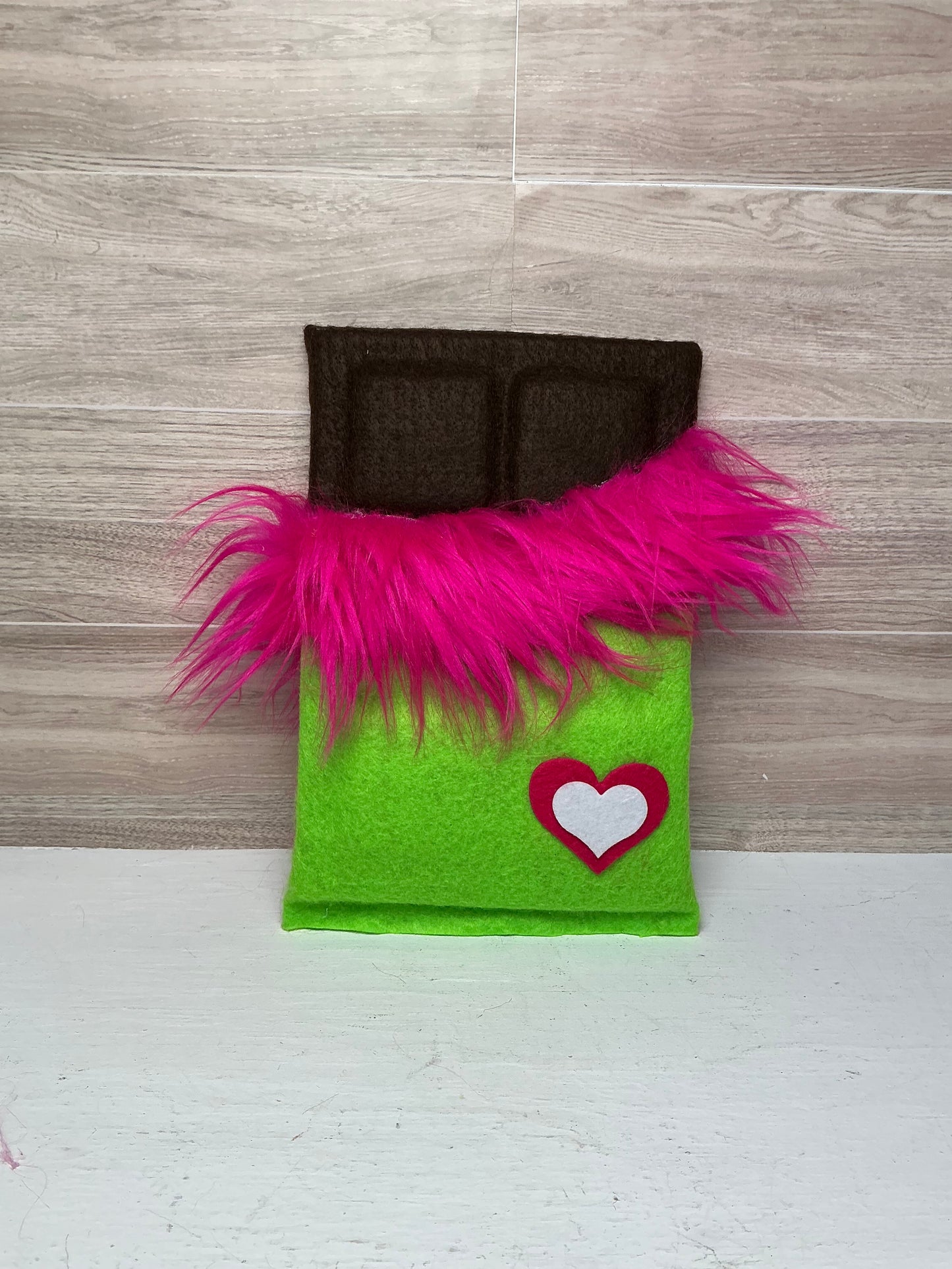 Faux Chocolate Candy Bar - Lime Green with Hot Pink Fur (white & pink heart)