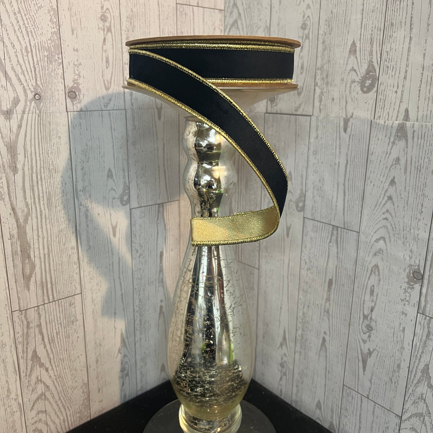 1" Reversible Classic Velvet Wired Ribbon | Black/Gold | 10 Yard Roll