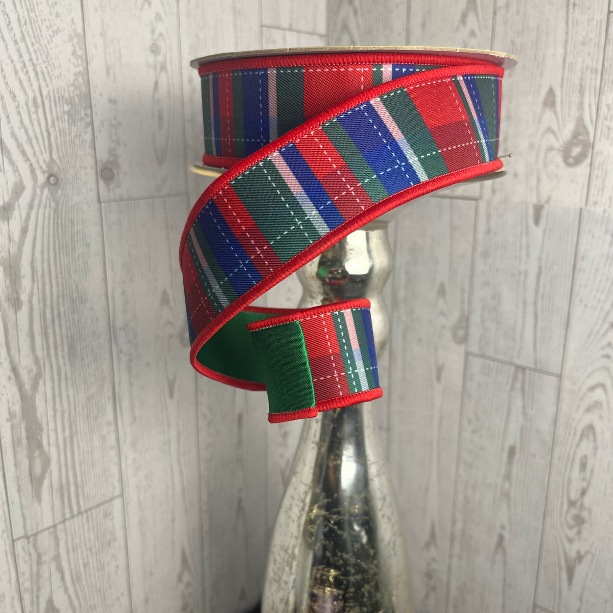1.5"X10YD DASHED PLAID/FUSED- White Red Emerald Blue