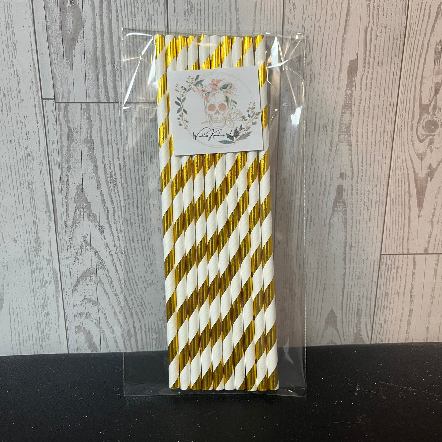 Paper Straws (10 pack) White with Metallic Gold Stripes
