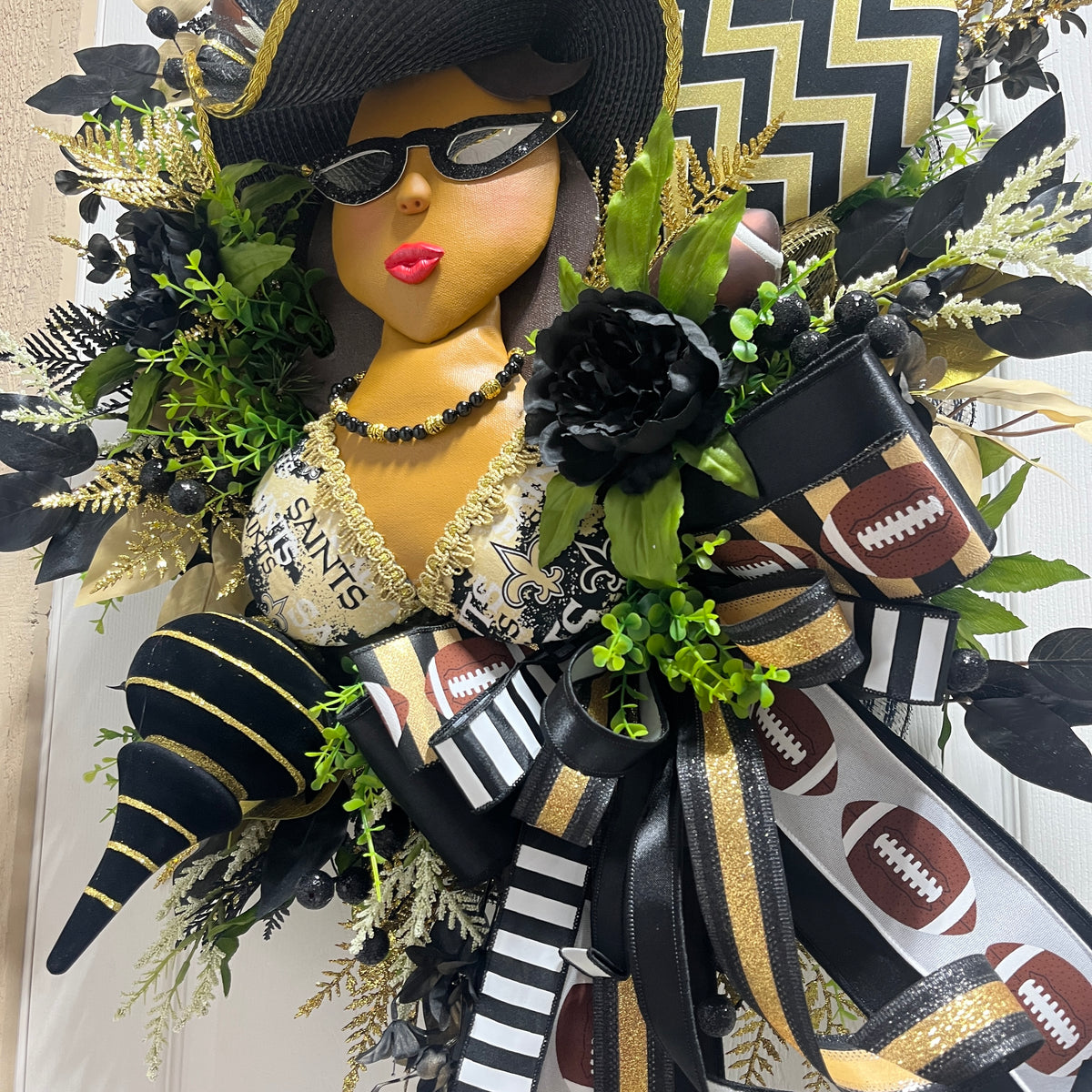 24” Black and Gold themed Brown Woman with glasses and hat Wreath