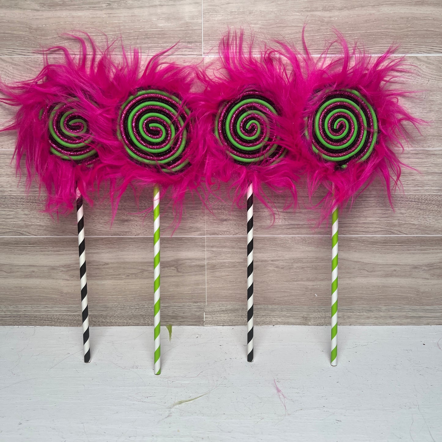Furry Small Lollipops- Hot pink, black, lime green (pink fur) set of 4