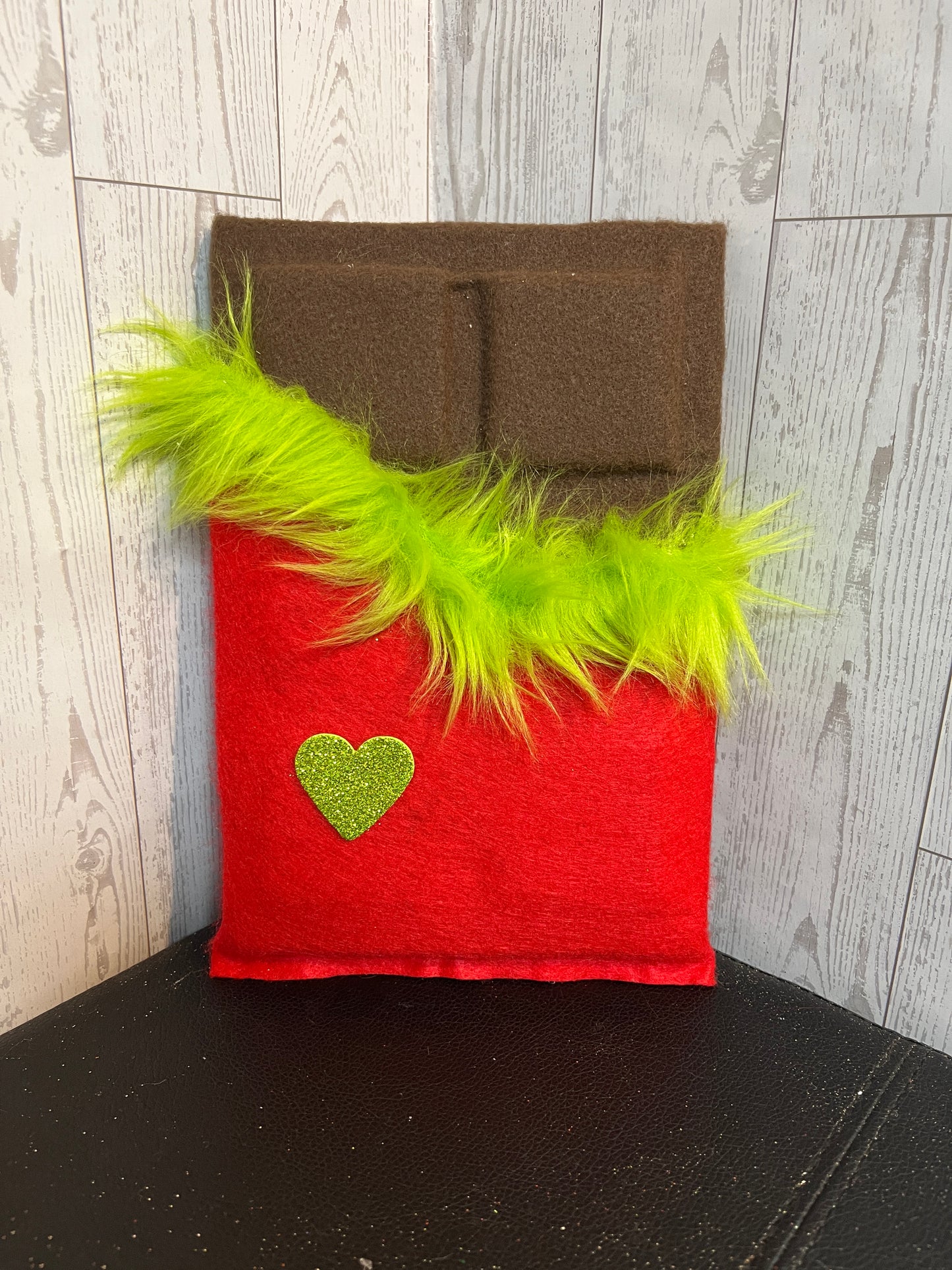 Faux Chocolate Candy Bar - Red w/lime green fur trim & green heart