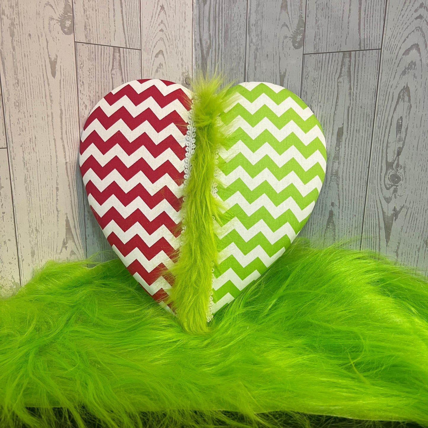 8.5" Red & Lime Green chevron Heart w/fur Attachment