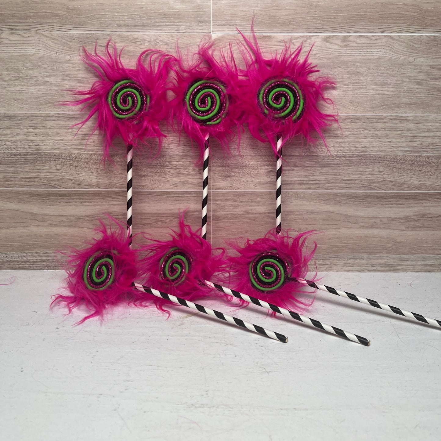 Furry Mini Lollipops- Hot pink, black, lime green (pink fur)set of 6