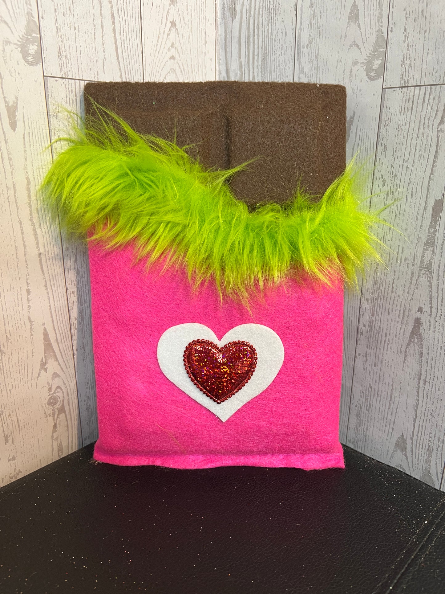 Faux Chocolate Candy Bar - Hot Pink w/lime green fur trim & white red heart