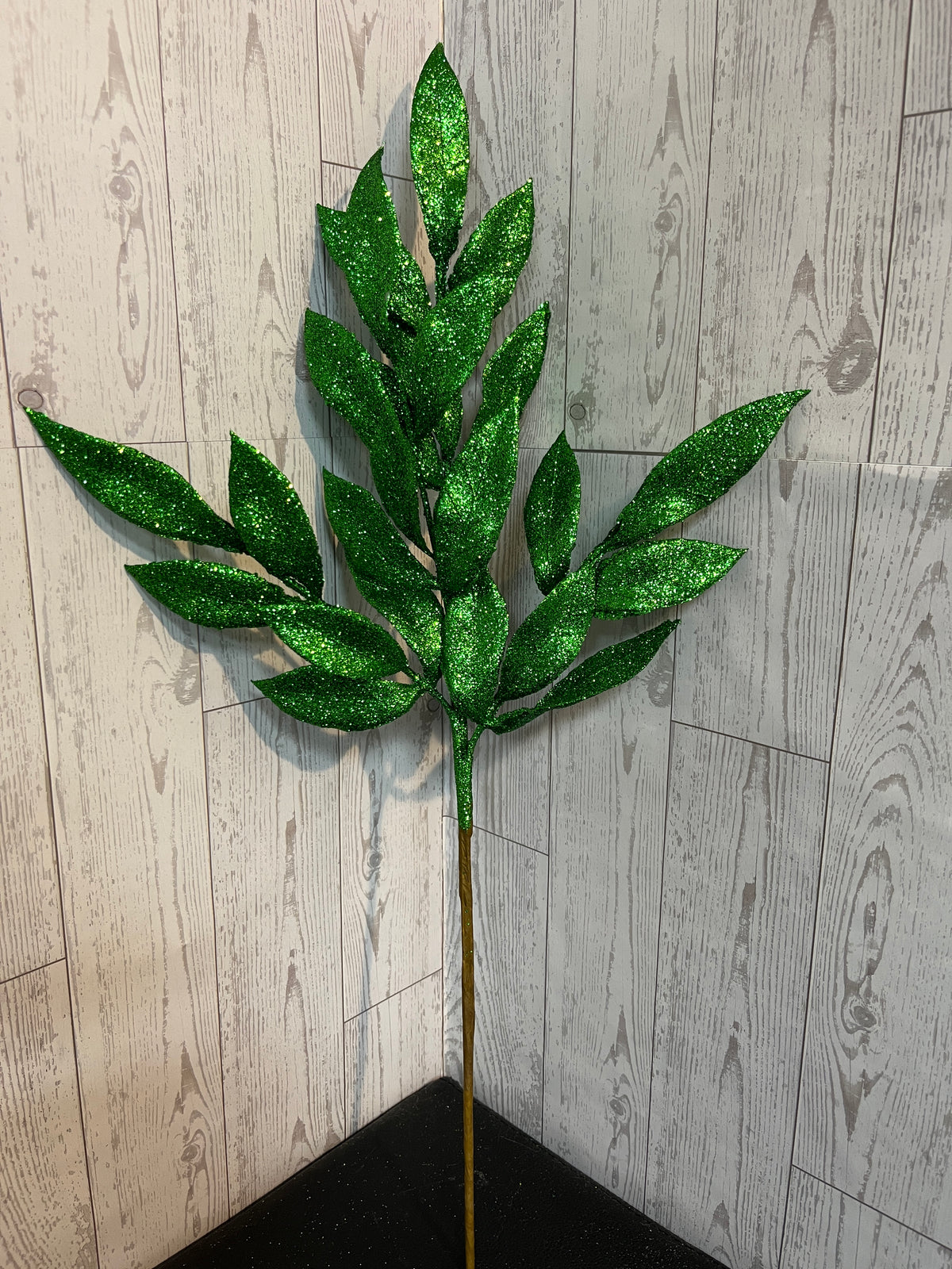 22" Green Glitter Bay Leaf Spray