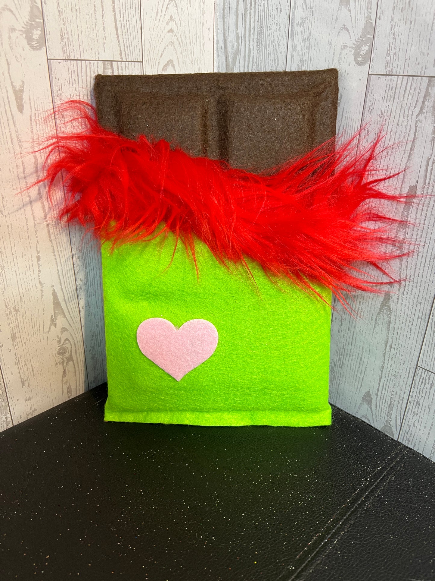 Faux Chocolate Candy Bar - Lime w/red fur trim & light pink heart