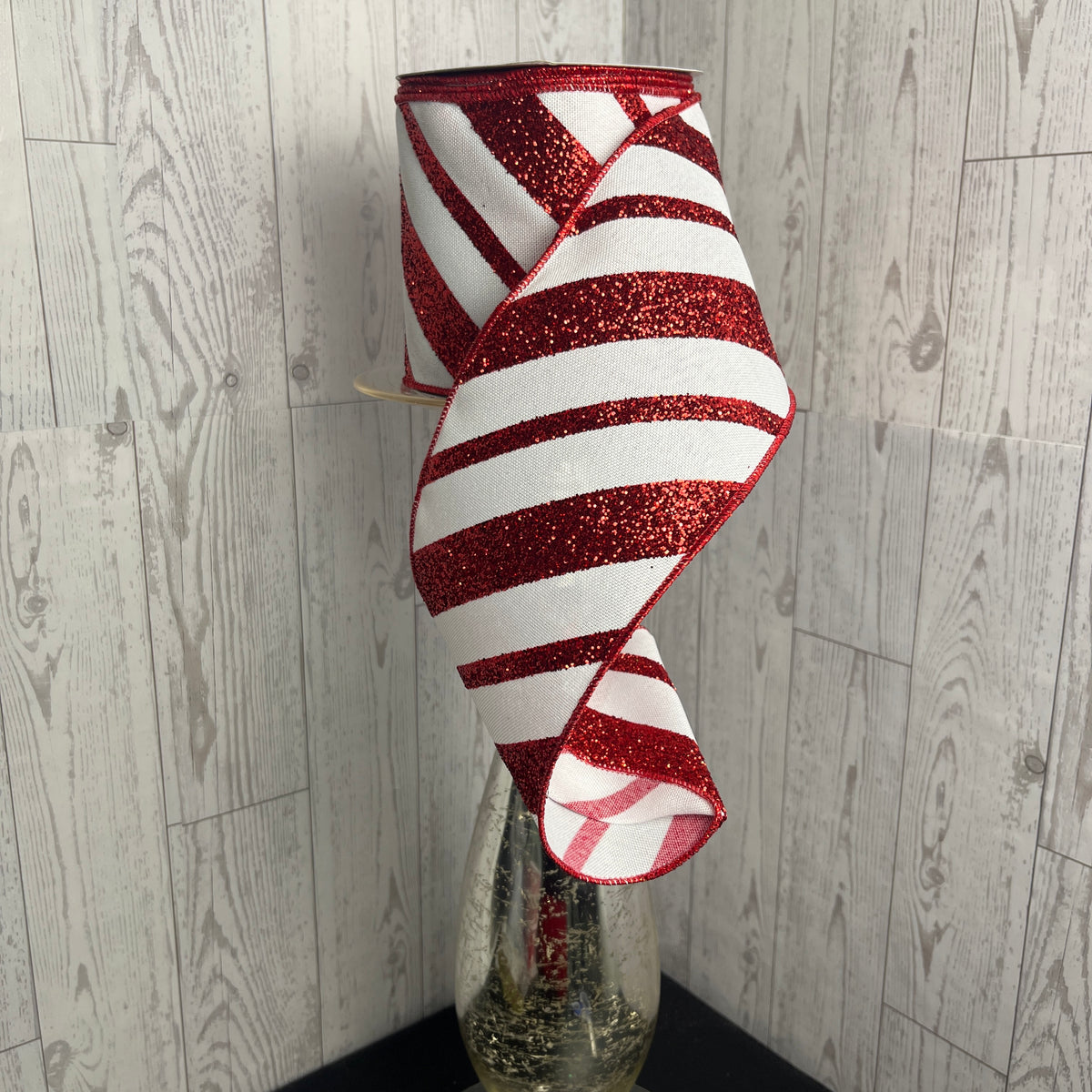 4"X10YD DIAGONAL GLITTER ON ROYAL White Red