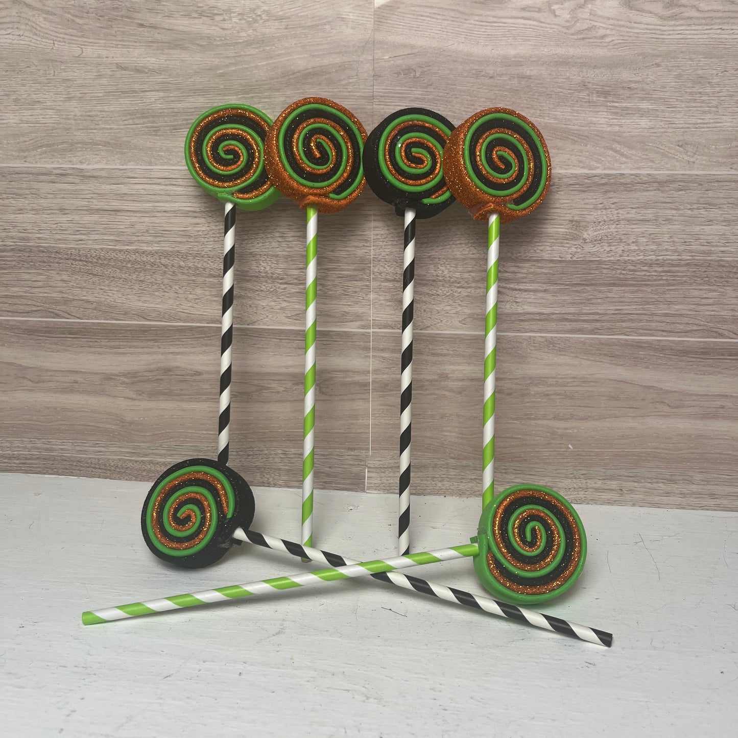 Orange, Lime Green & Black Halloween MINI Foam Lollipops (6)