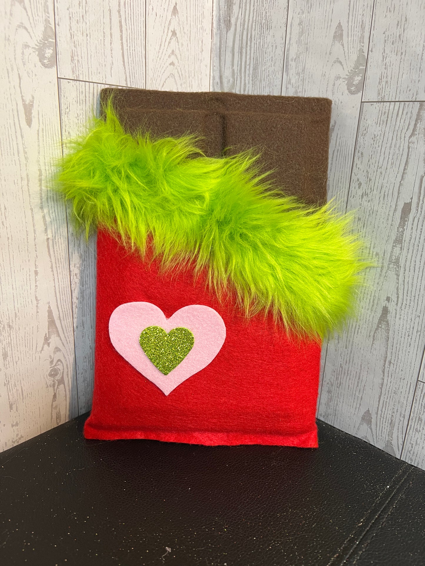 Faux Chocolate Candy Bar - Red w/lime green fur trim & Light pink and green heart