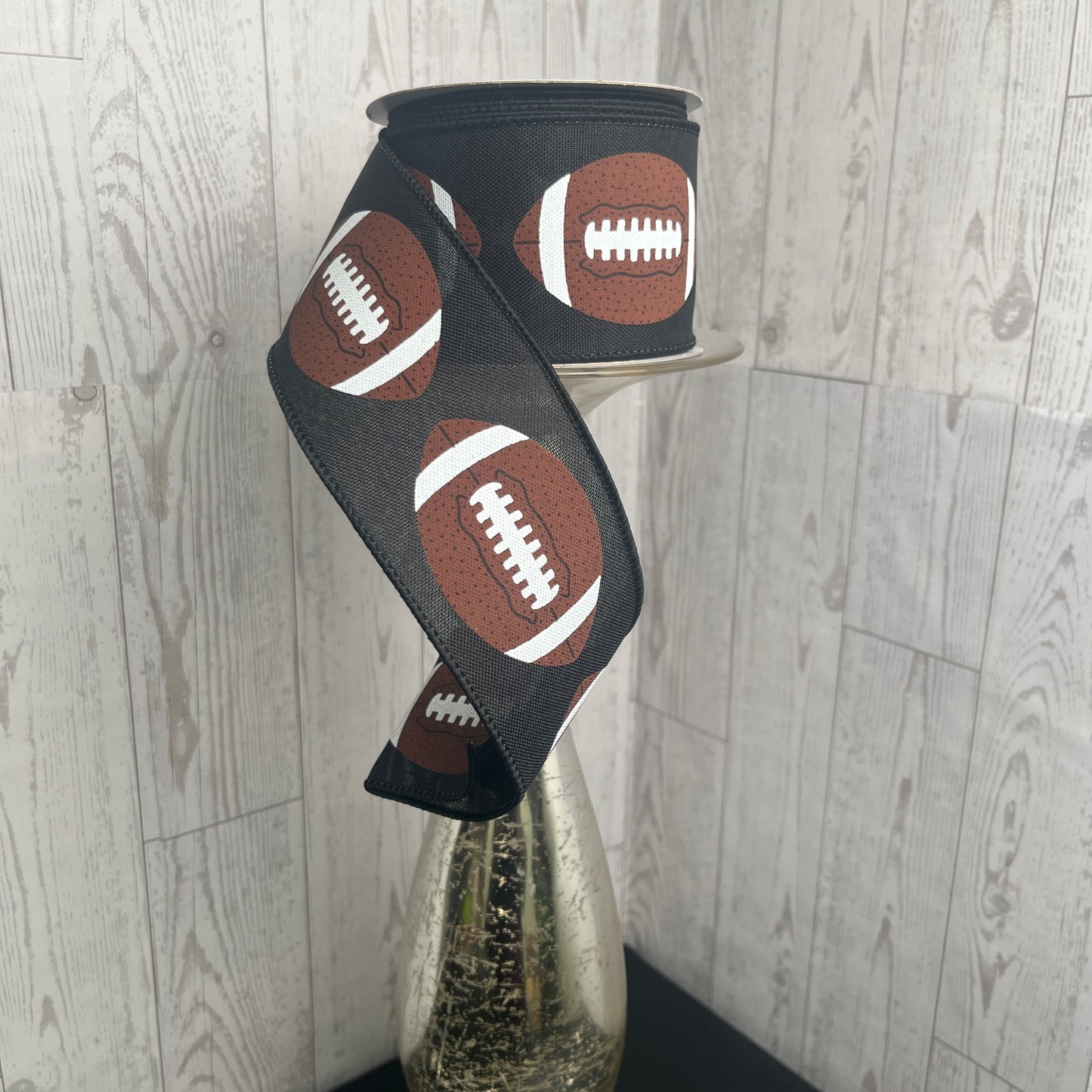 2.5"X10YD FOOTBALLS ON FAUX ROYAL Black Brown White
