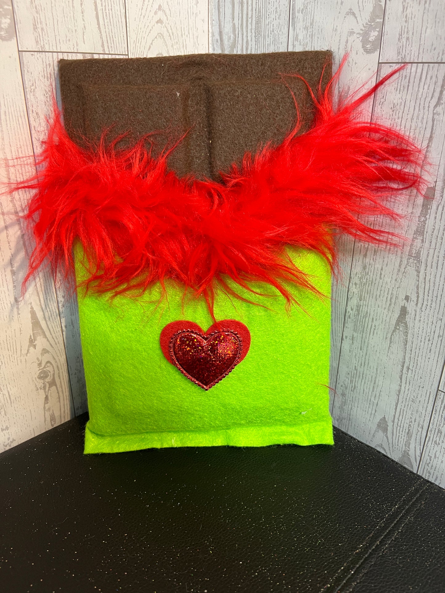 Faux Chocolate Candy Bar - Lime w/red fur trim & red heart