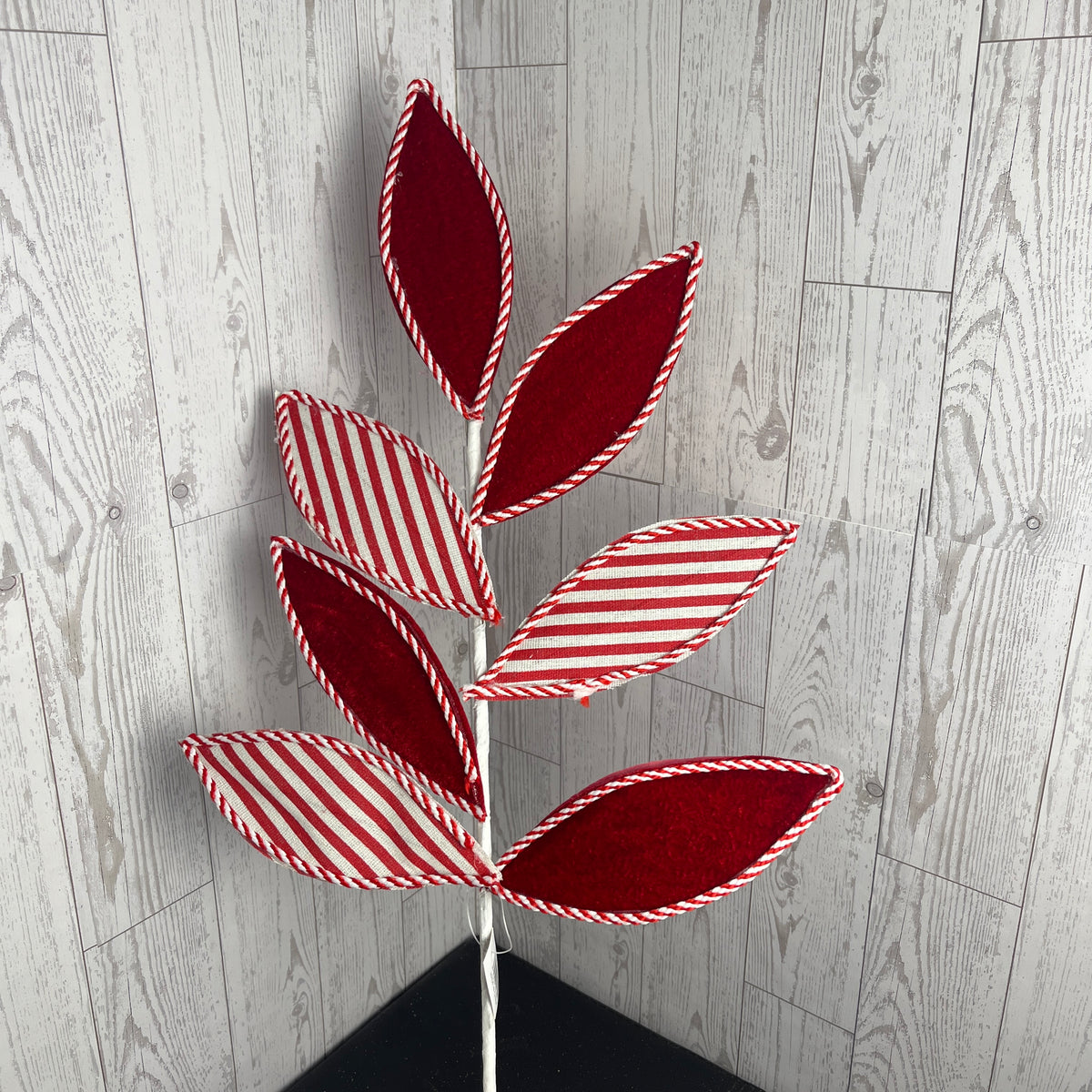 Red White Velvet Stripe leaf Spray