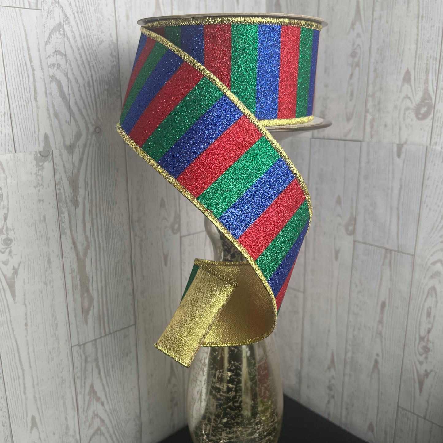 2.5"X10YD GLITTER STRIPE/FUSED Red Emerald Royal Blue