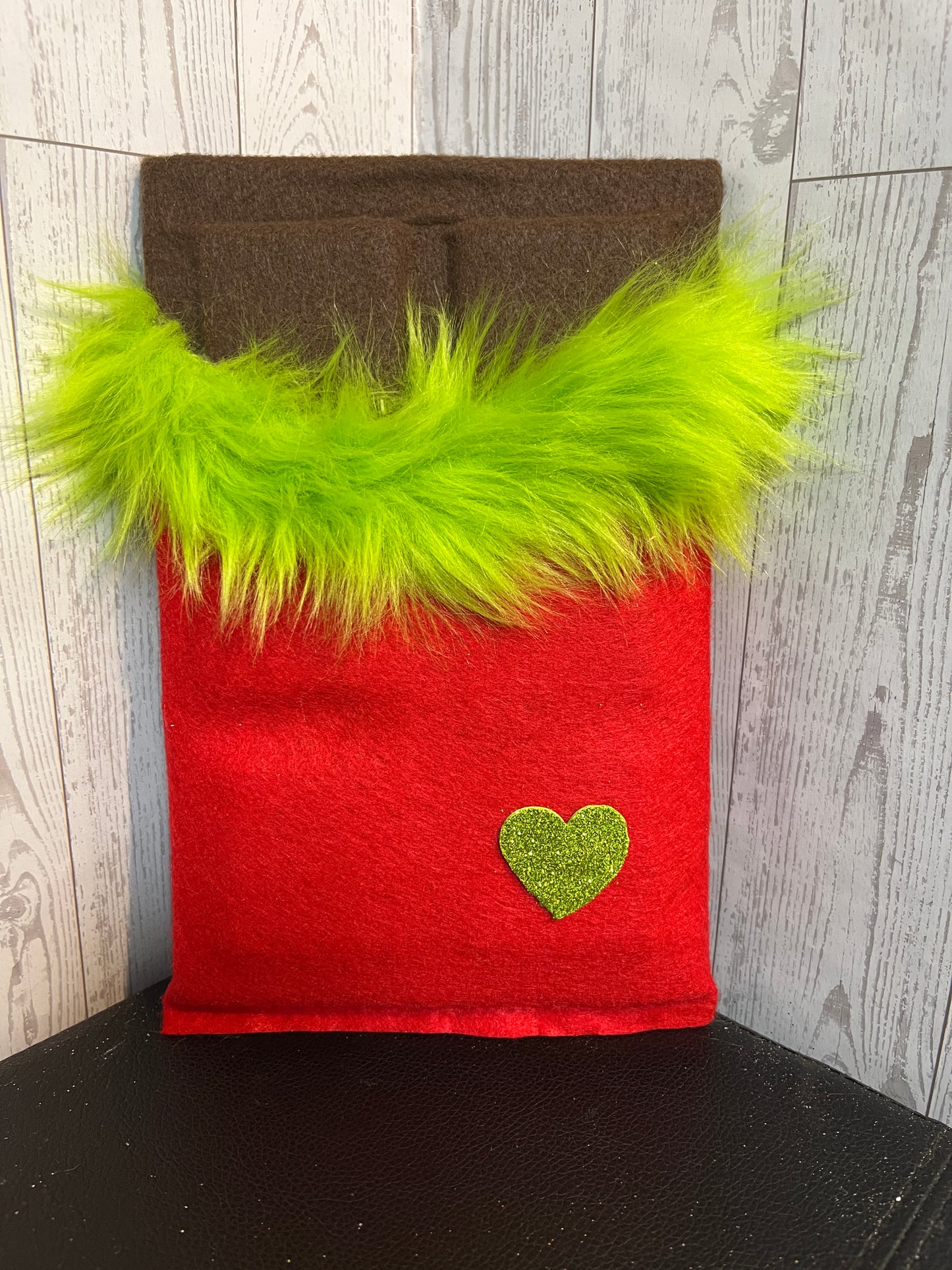 Faux Chocolate Candy Bar - Red w/lime green fur trim & green heart
