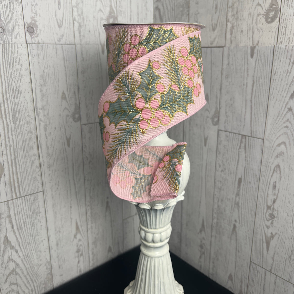 2.5"X10YD BOLD HOLLY/BERRIES- Light Pink Sage Gold