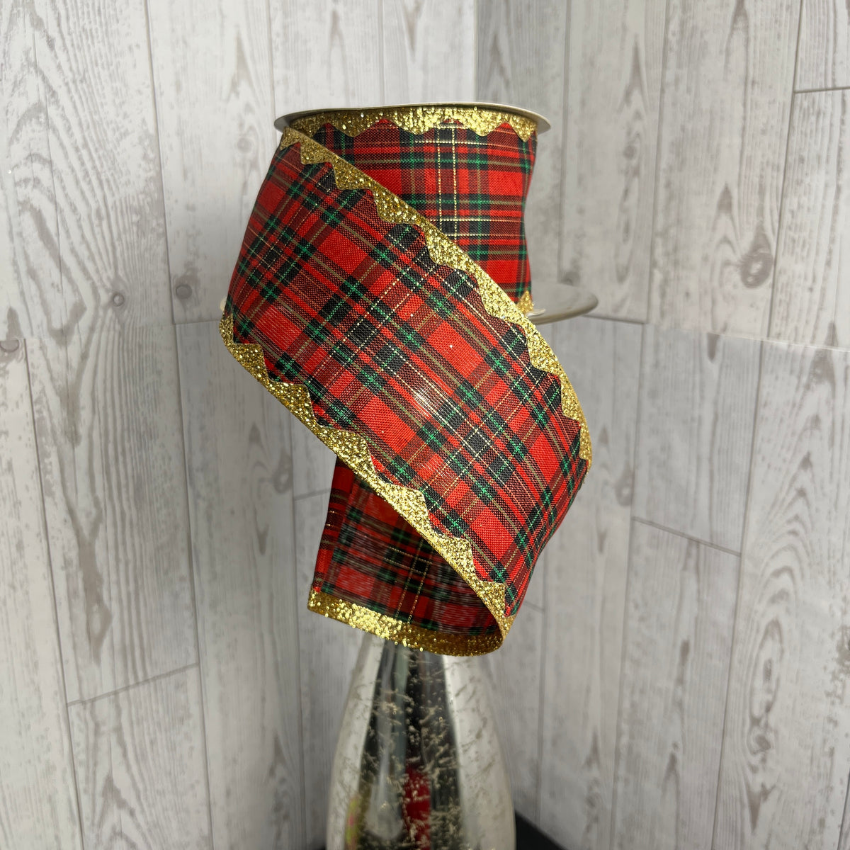 2.5"X10YD METALLIC PLAID/GLITTER RIC RAC Red Green Black Gold