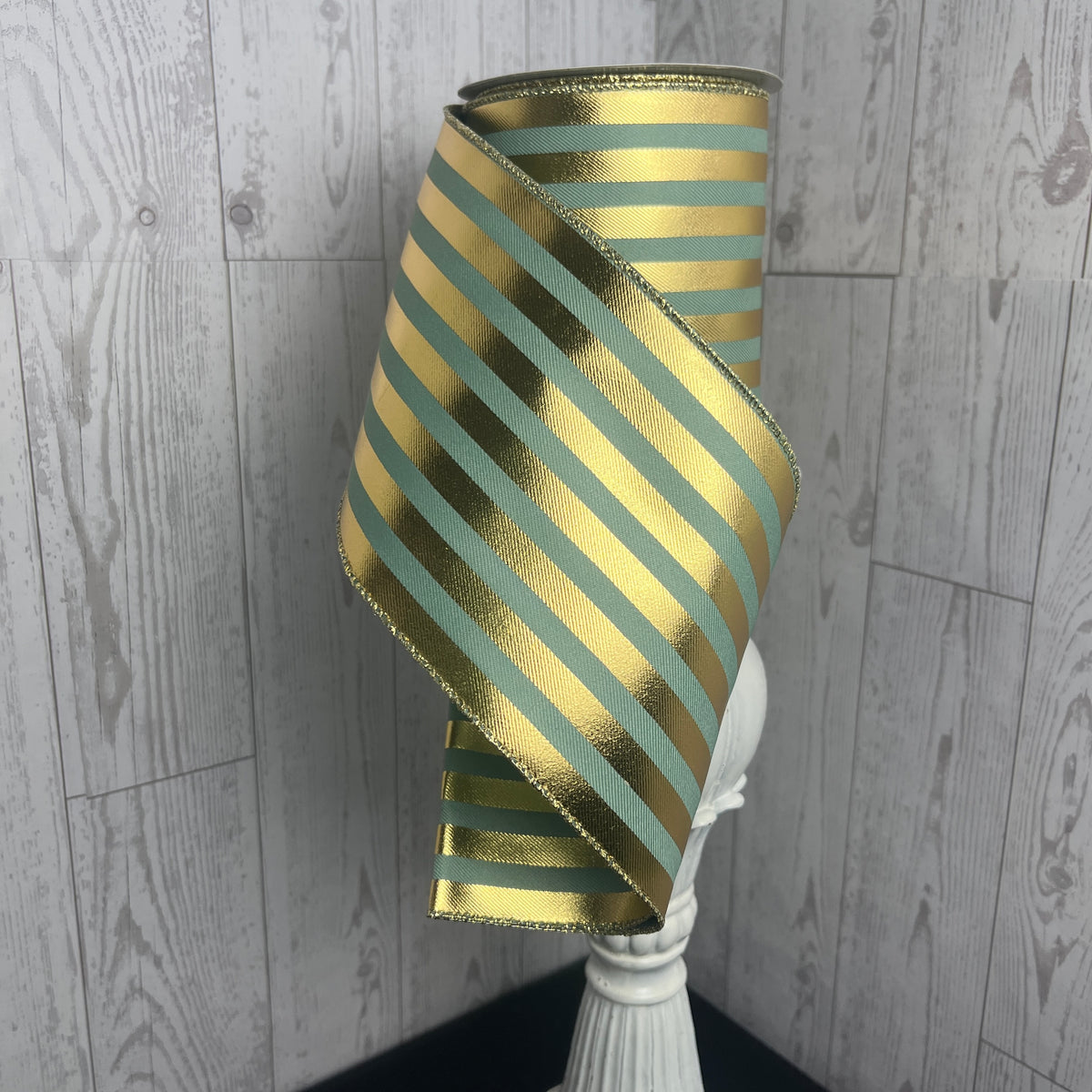 4"X10YD METALLIC VERTICAL STRIPES- Sage Green and Gold
