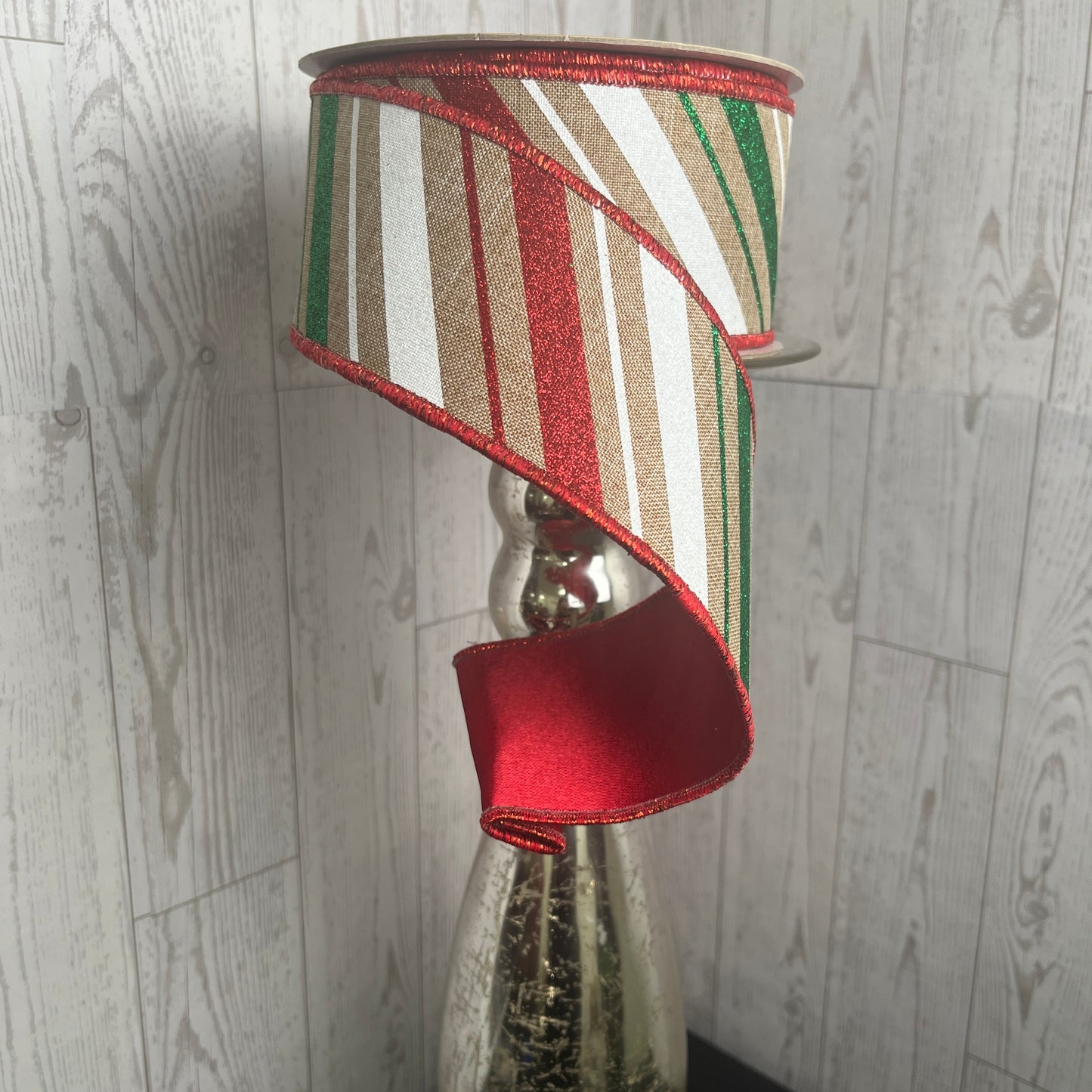 2.5"X10YD MULTI DIAGONAL STRIPE/FUSED Traditional Christmas/ Beige