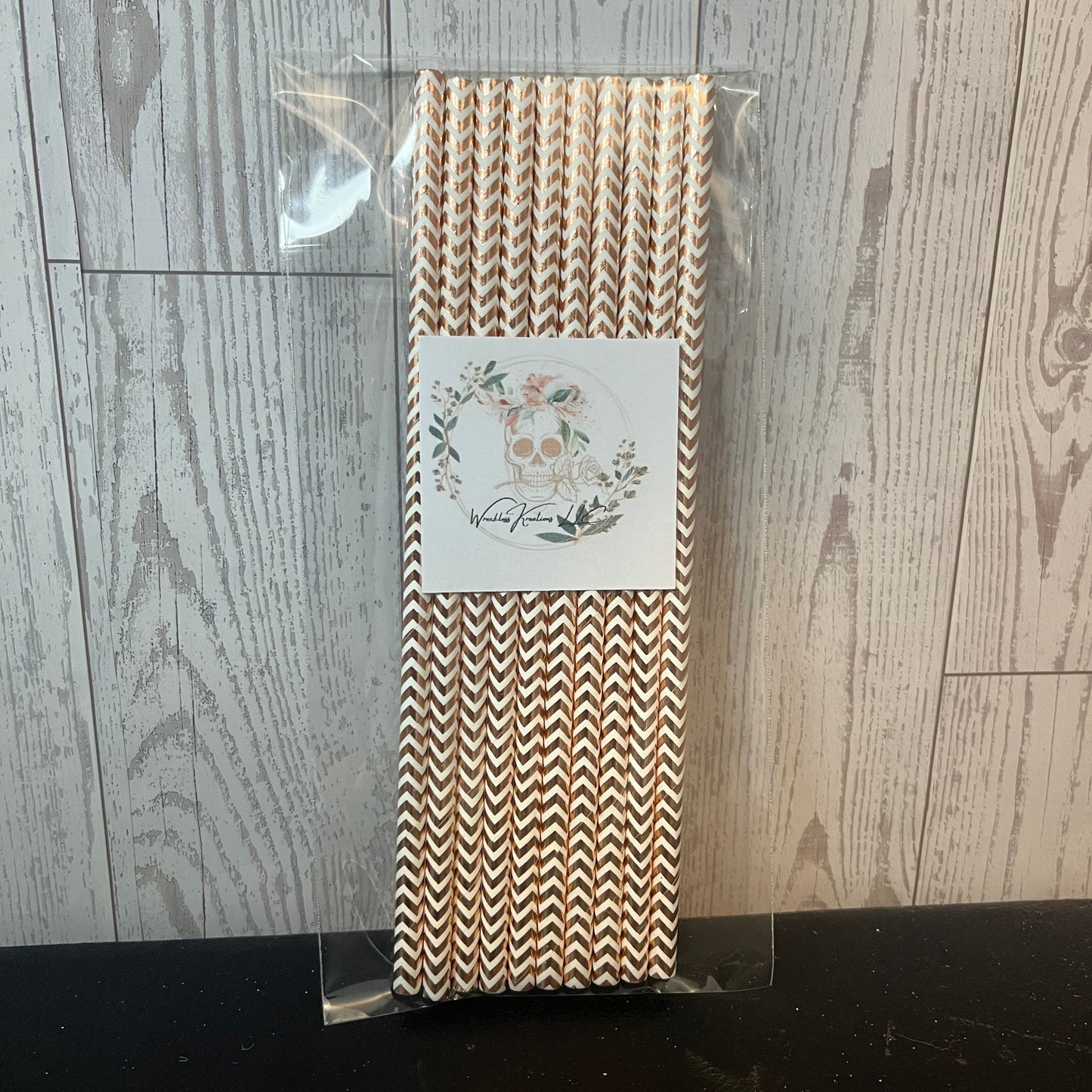 Paper Straws (10 pack) Gold and White chevron