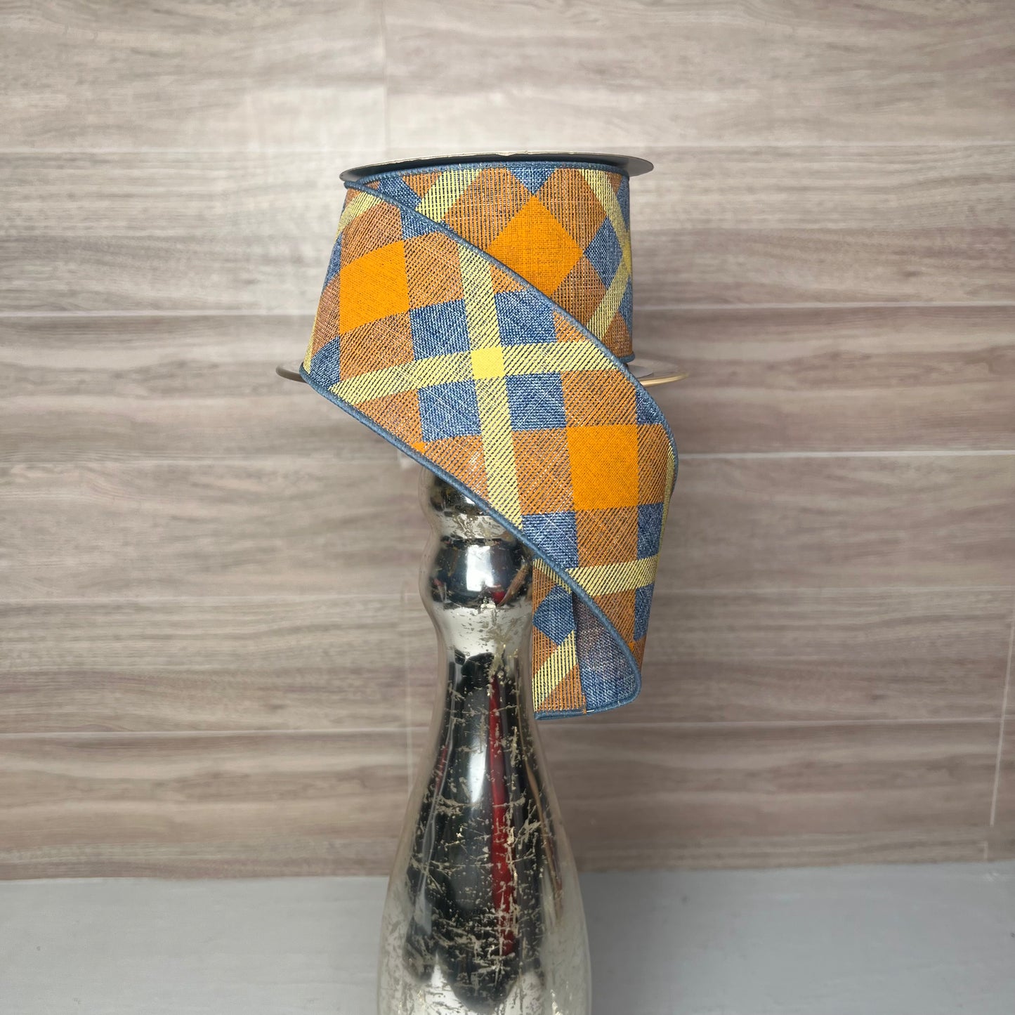 2.5"X10YD PRINTED PLAID ON ROYAL- DENIM BLUE/ORANGE/MUSTARD