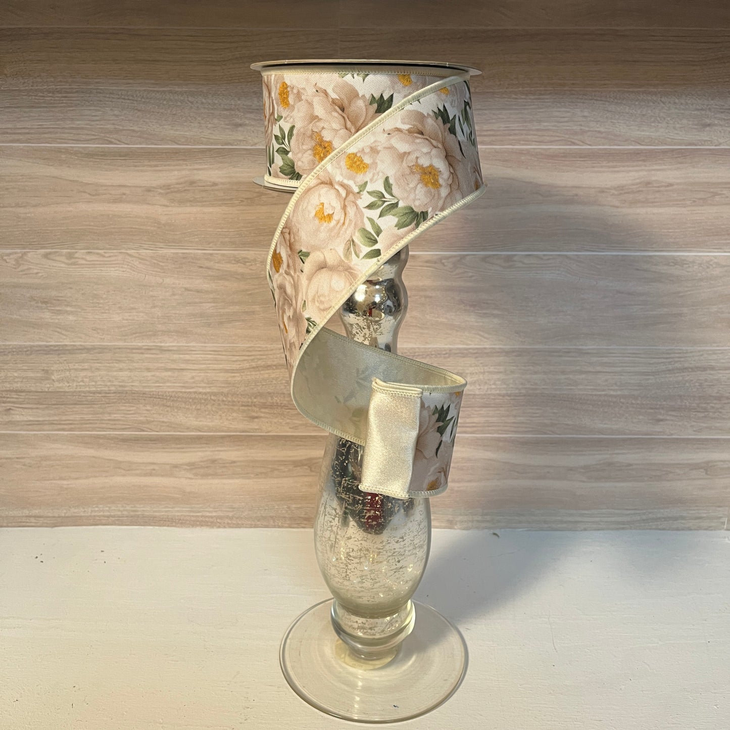 2.5"X10YD Ivory Satin Fused Peonies Ribbon