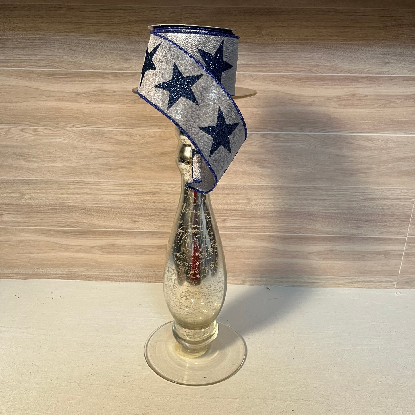 2.5"X10YD Blue Stars & Silver Satin Ribbon