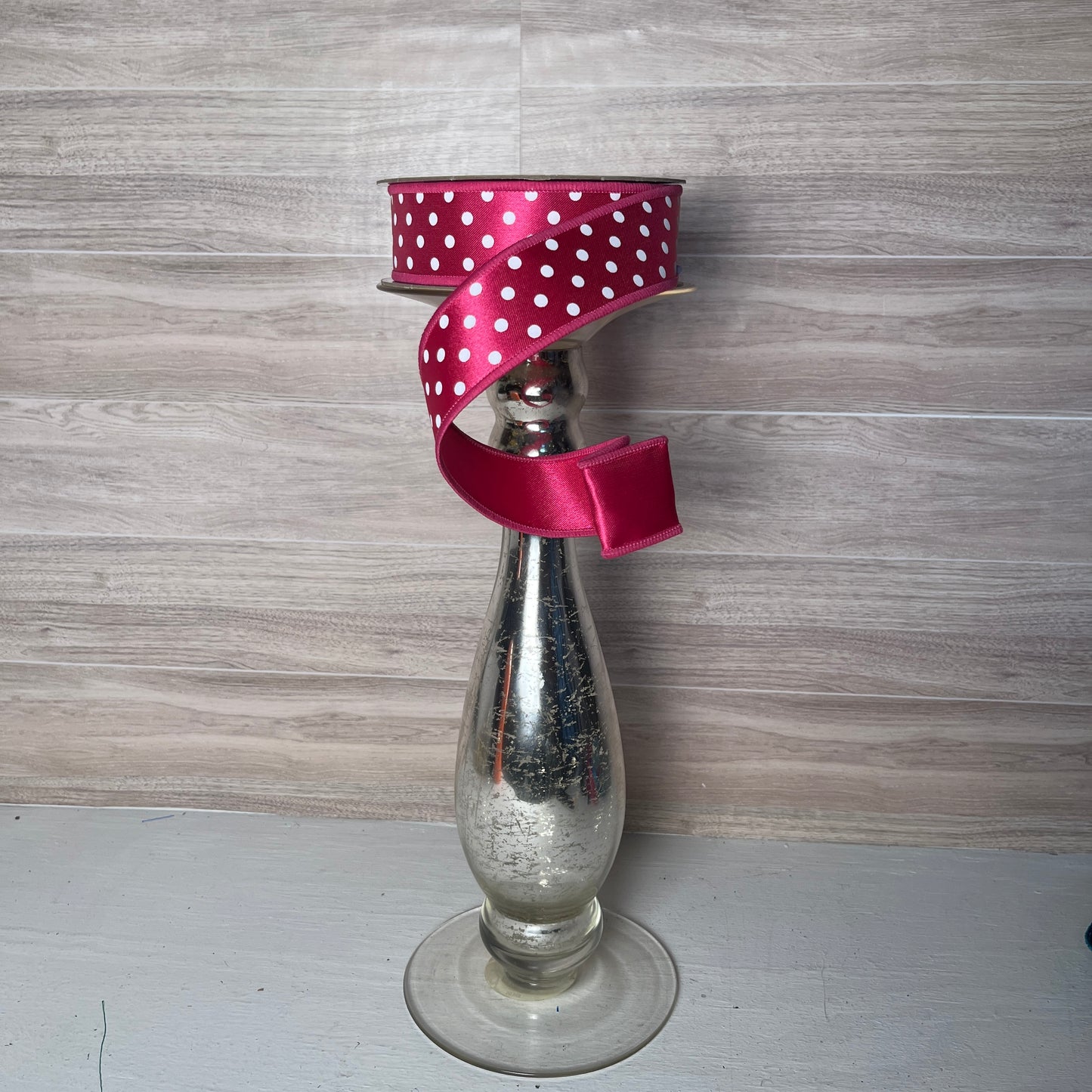 1.5"X10YD Pink & White Small Polka Dot/Fused Ribbon