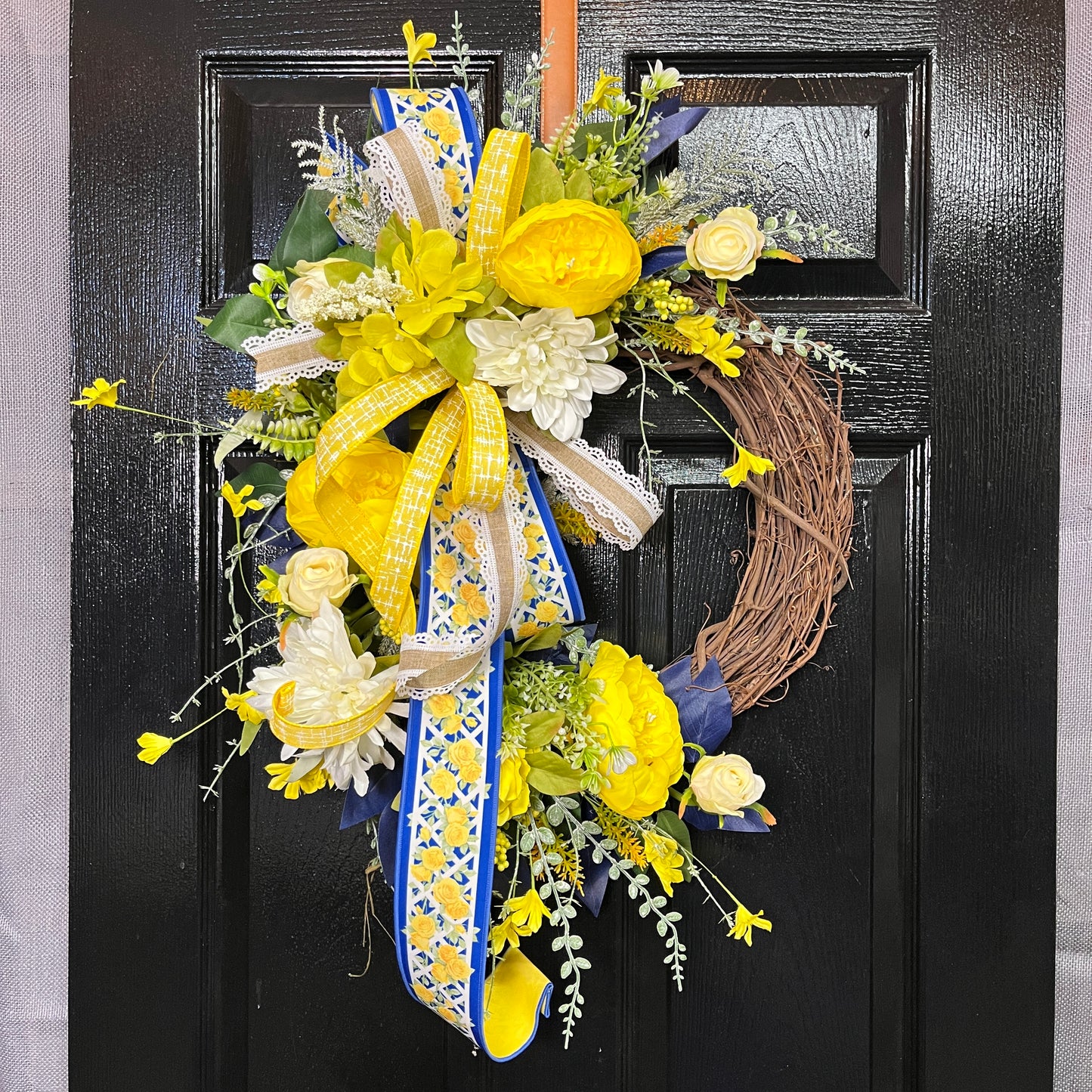 14" Spring Yellow and Blue Floral Grapevine Wreath