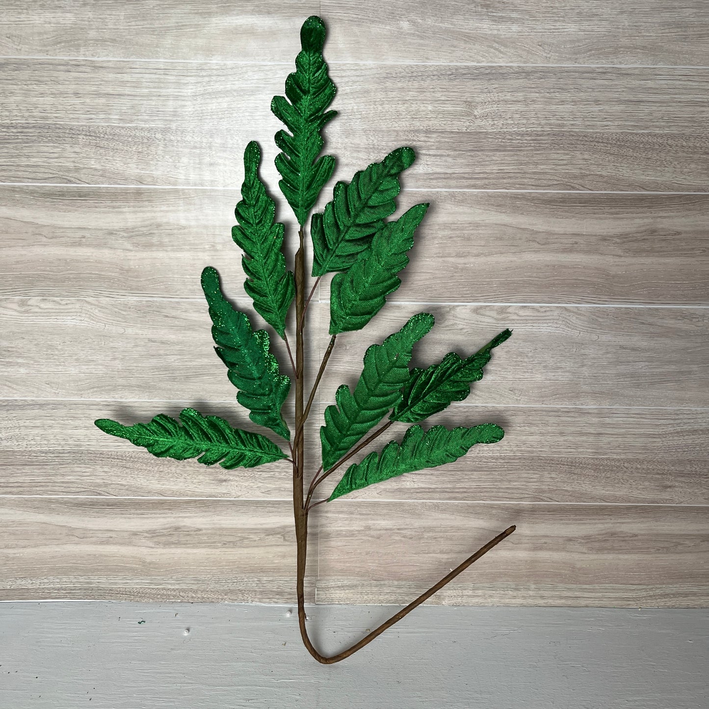 Green Glitter Edge Velvet Leaf Spray