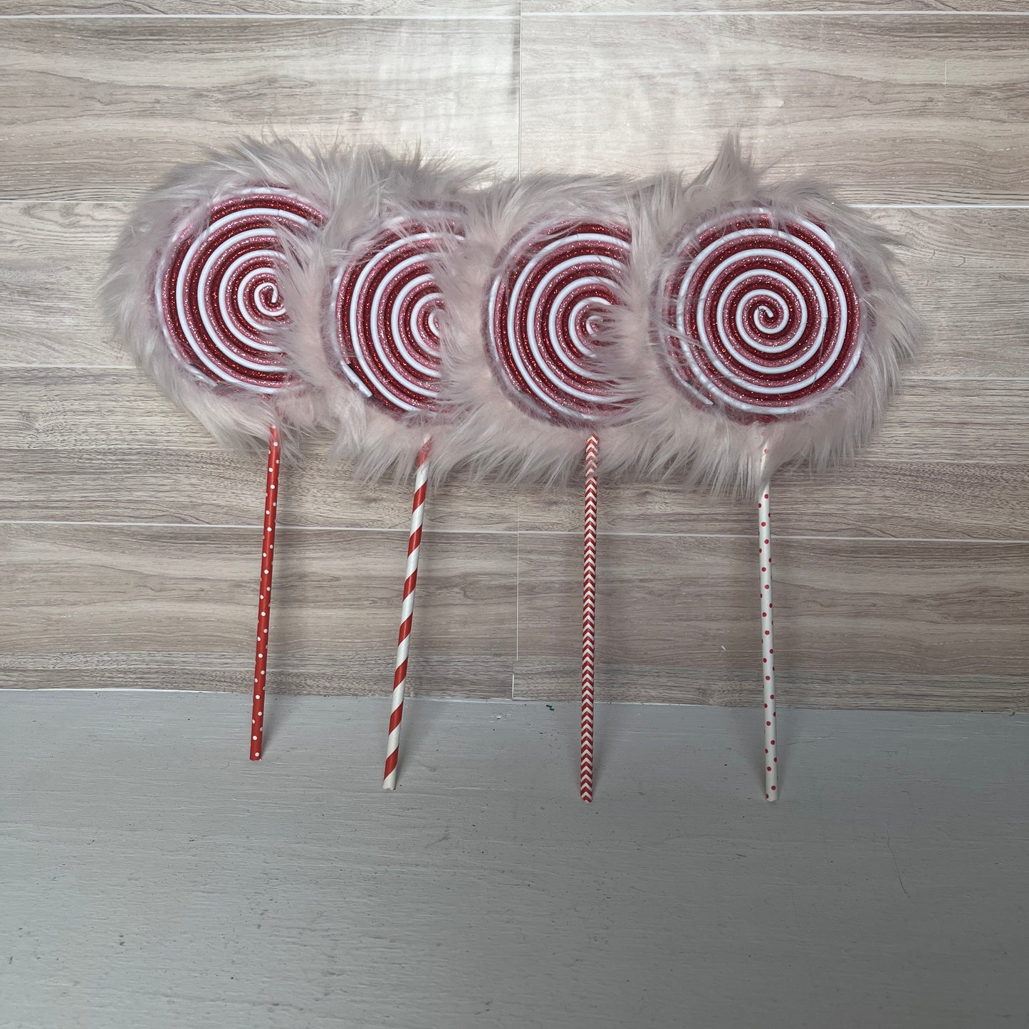 Light Pink Fur with Red, Pink, White Foam Lollipops (4)