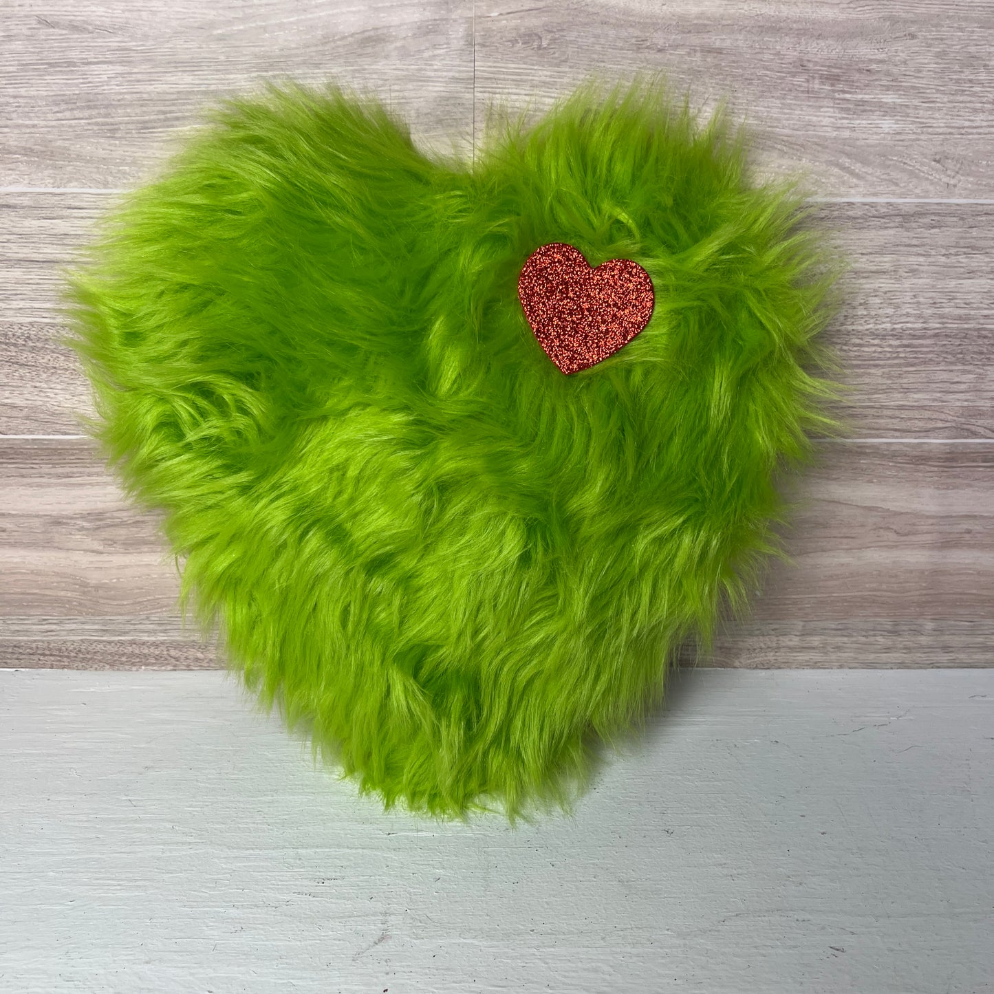 9" Lime Green Furry Heart with Red Glitter Heart