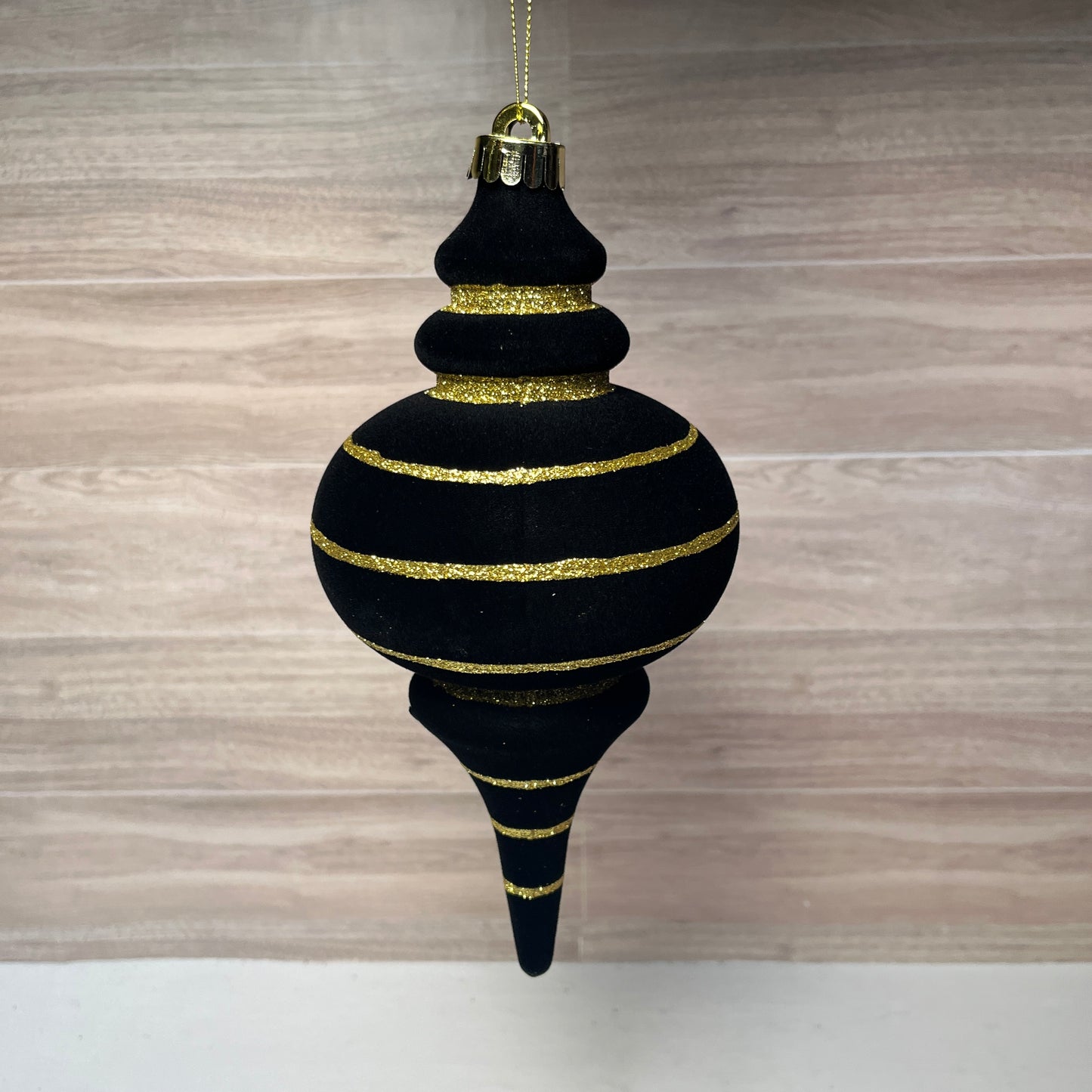 9.75LX4.75H DIA Flocked Finial Ornament Black Gold