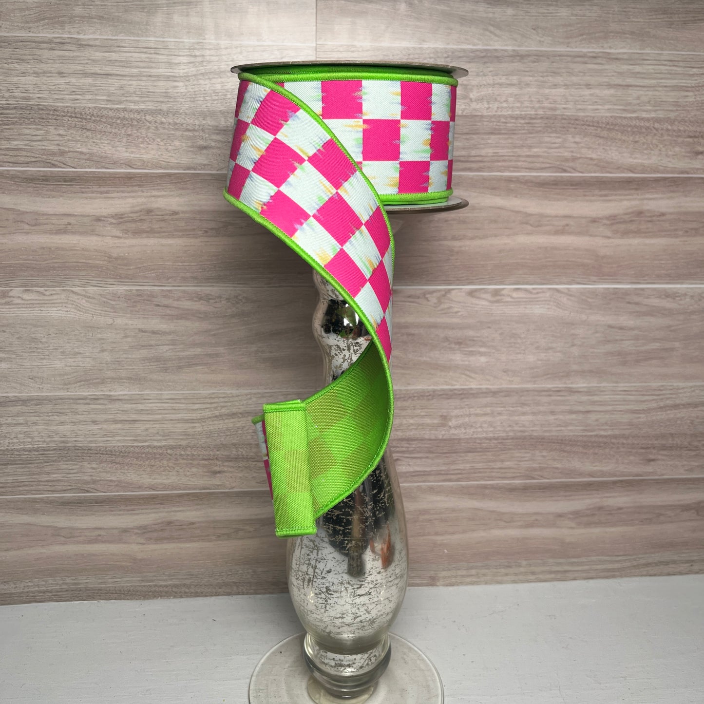 2.5"X10YD BOLD ANTIQUE CHECK/FUSED- Hot Pink White Fresh Green