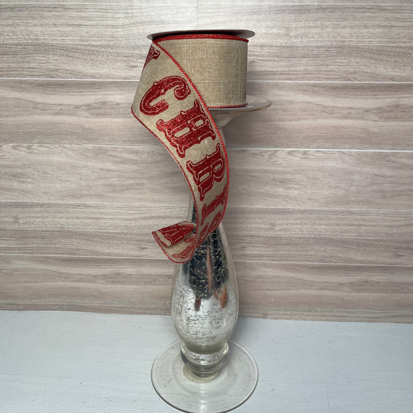 2.5"X10YD GLITTER MERRY CHRISTMAS/ROYAL Beige and Red