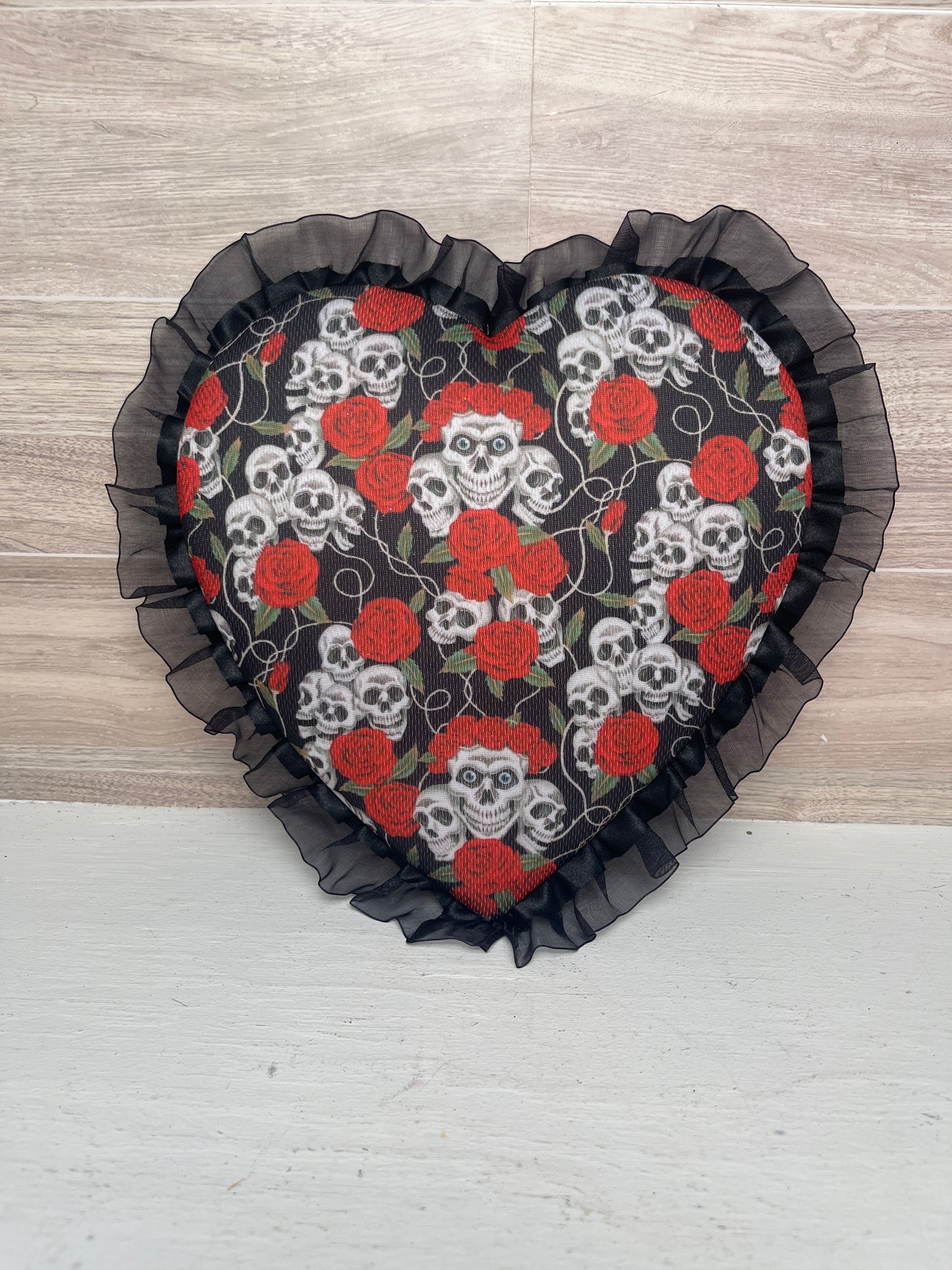 8.5" Skulls, Red Roses & Black Lace Trim Heart Attachment